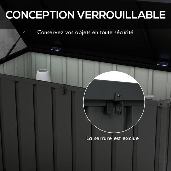 Coffre rangement métal extérieur jardin grande capacité 450L gris foncé roulettes - ComfortXL Outdoor Living - Image 9