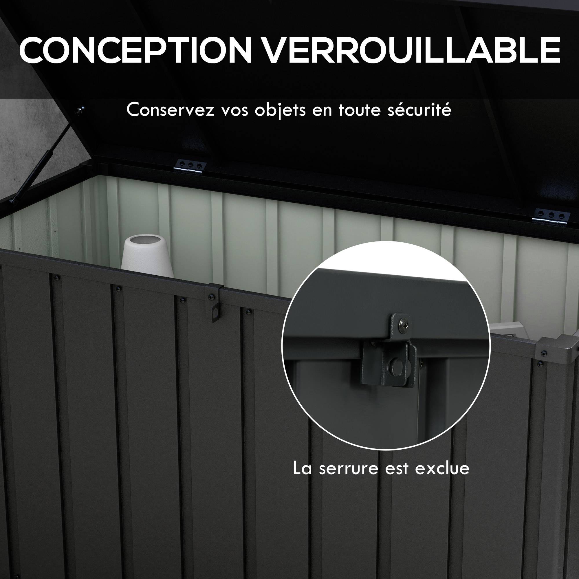 Coffre rangement métal extérieur jardin grande capacité 450L gris foncé roulettes - ComfortXL Outdoor Living - Image 9