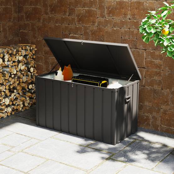 Coffre rangement métal extérieur jardin grande capacité 450L gris foncé roulettes - ComfortXL Outdoor Living - Image 3