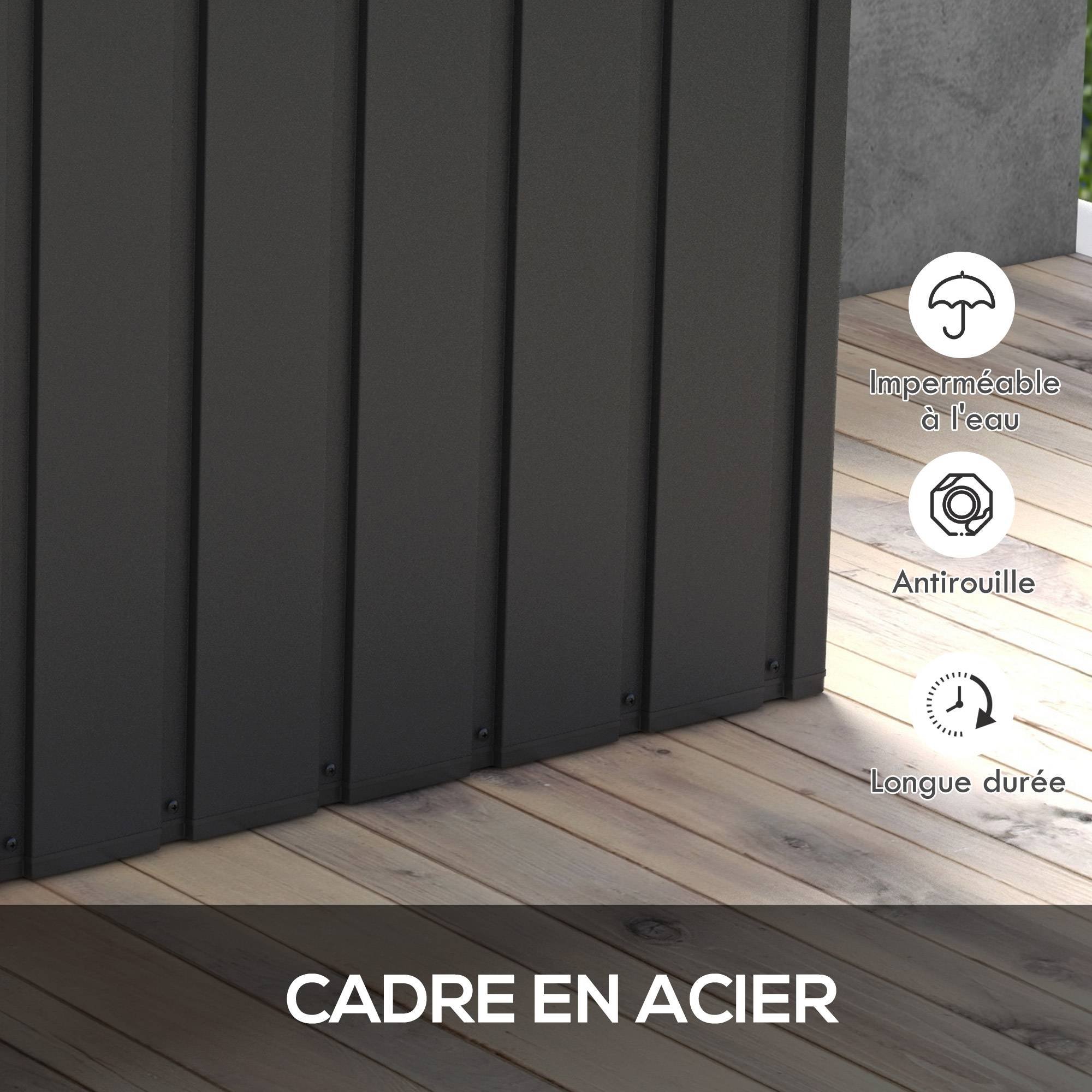 Coffre rangement métal extérieur jardin grande capacité 450L gris foncé roulettes - ComfortXL Outdoor Living - Image 7