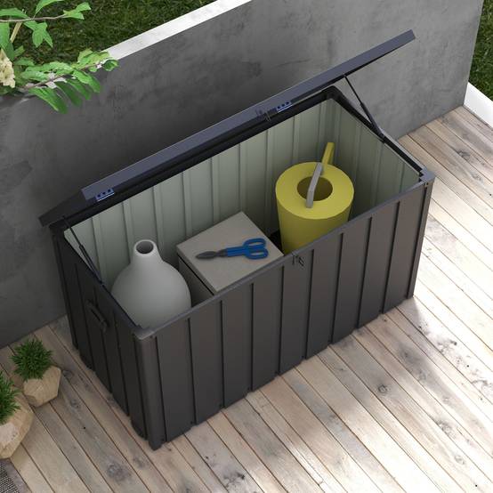 Coffre rangement métal extérieur jardin grande capacité 450L gris foncé roulettes - ComfortXL Outdoor Living - Image 10