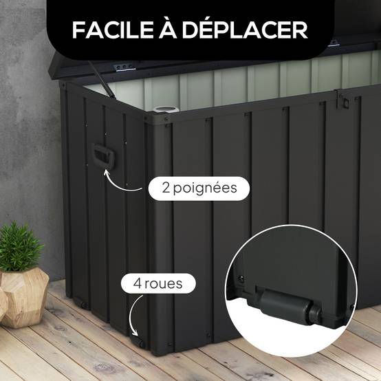 Coffre rangement métal extérieur jardin grande capacité 450L gris foncé roulettes - ComfortXL Outdoor Living - Image 6