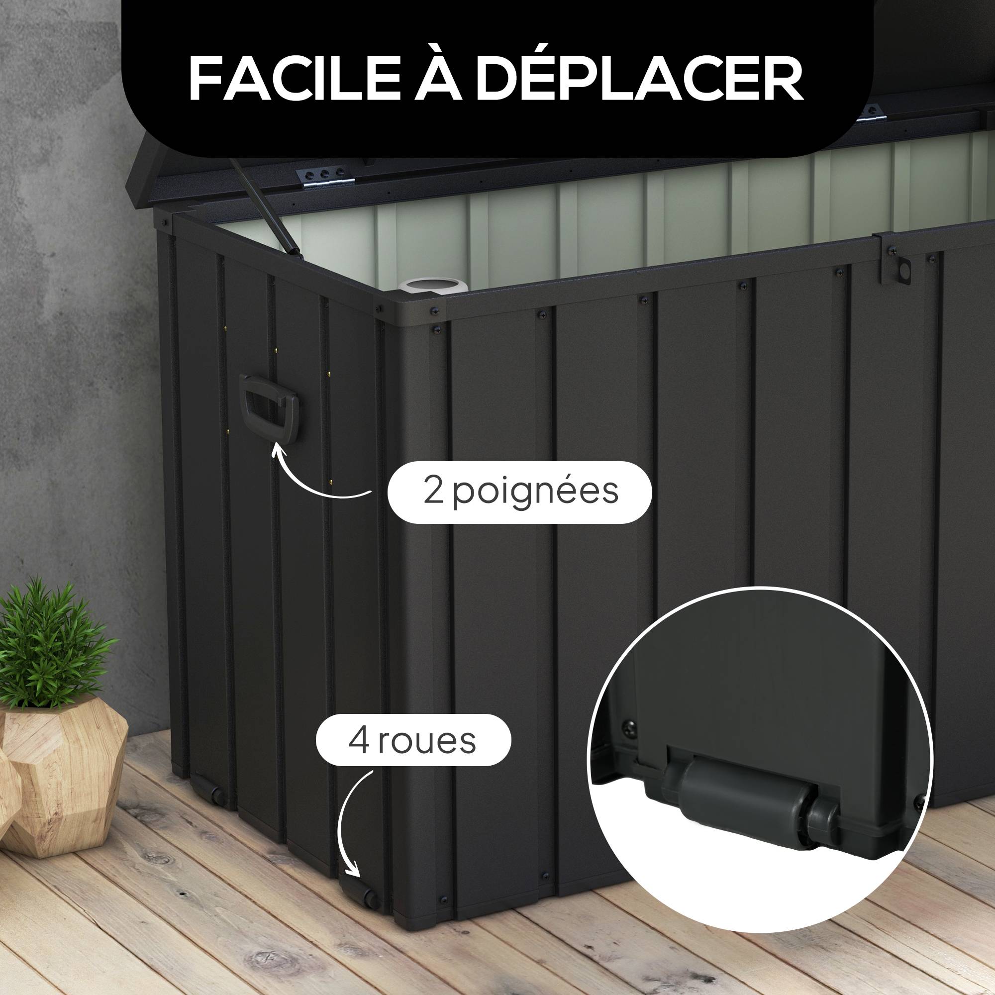 Coffre rangement métal extérieur jardin grande capacité 450L gris foncé roulettes - ComfortXL Outdoor Living - Image 6