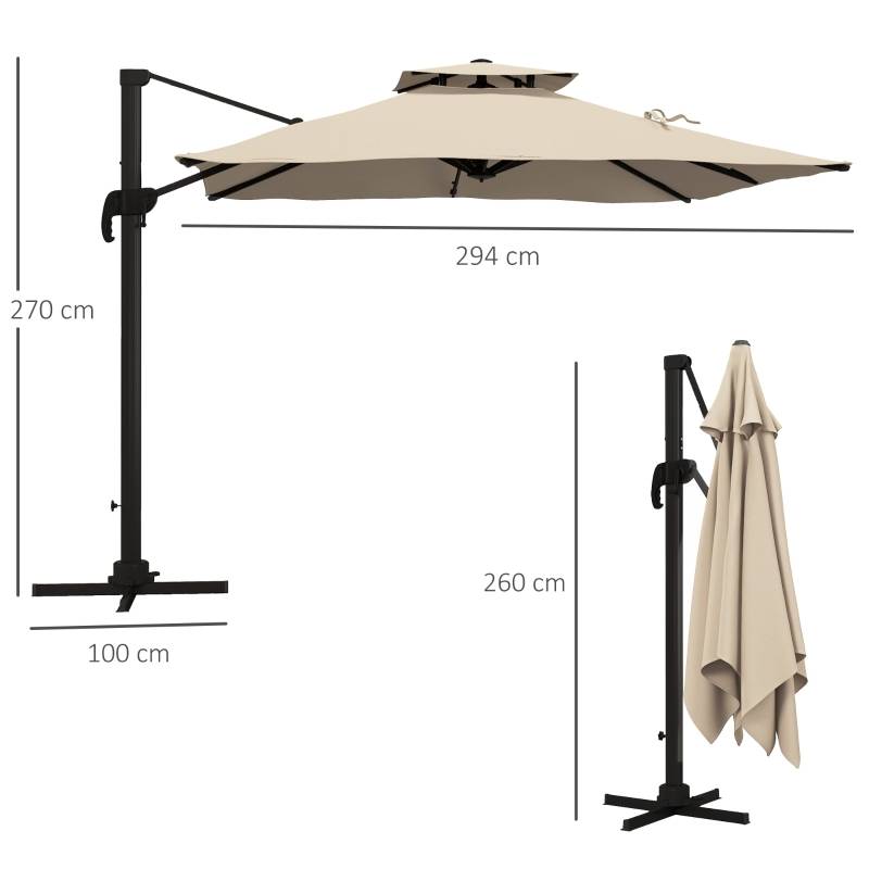 Parasol déporté polyester jardin terrasse rotatif inclinable 294x294cm kaki - ComfortXL Outdoor Living - Image 3