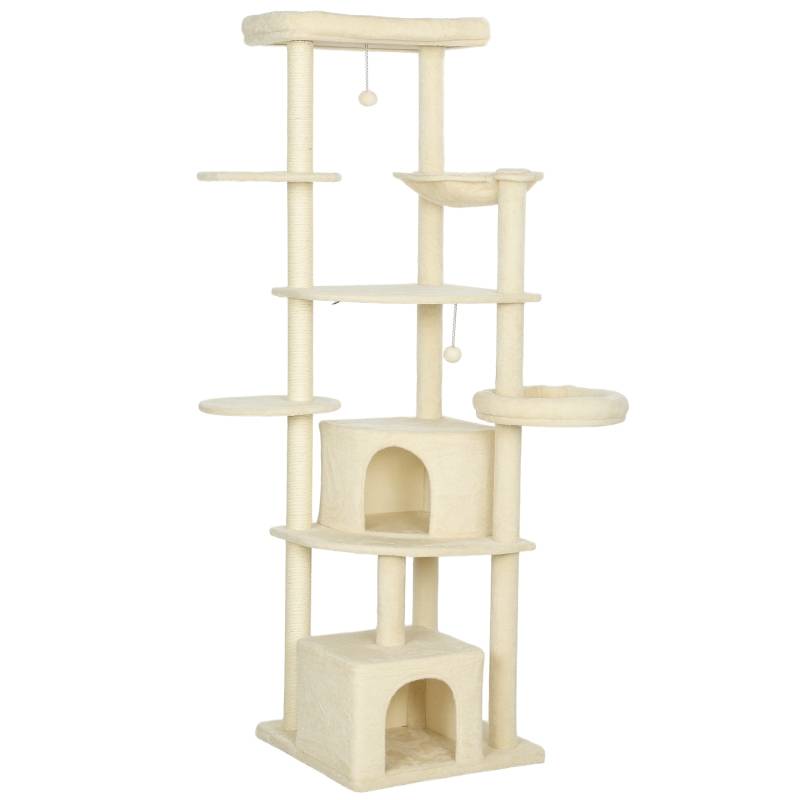 PANGIVO - Griffoir pour chat de 2 mètres avec plateformes, cachettes et hamac, Sisal, Bois, Polyester, Beige - PANGIVO - Image 1