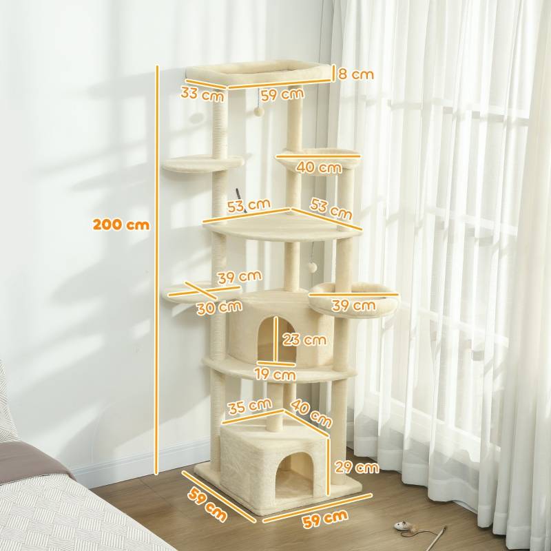 PANGIVO - Griffoir pour chat de 2 mètres avec plateformes, cachettes et hamac, Sisal, Bois, Polyester, Beige - PANGIVO - Image 3