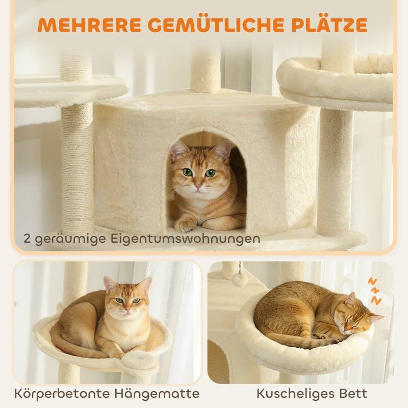 PANGIVO - Griffoir pour chat de 2 mètres avec plateformes, cachettes et hamac, Sisal, Bois, Polyester, Beige - PANGIVO - Image 6