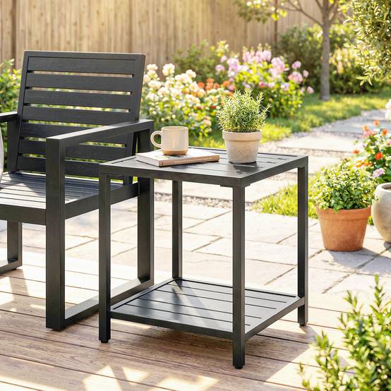 Table basse extérieure à 2 niveaux en métal, table de jardin carrée avec étagère de rangement, 45 x 45 x 54 cm, noir - Image 4