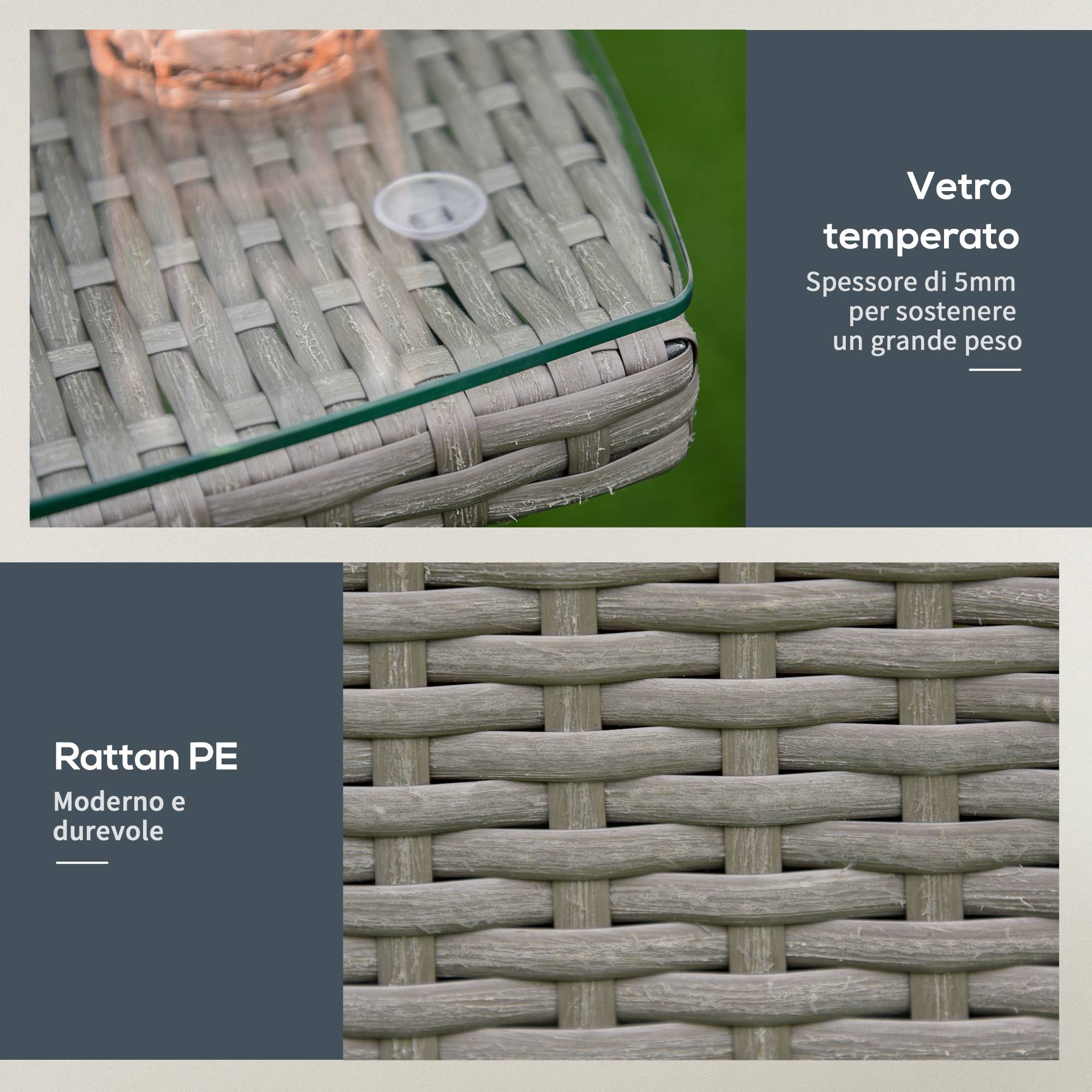Ensemble jardin 3 pcs rotin PE et acier, 2 chaises coussins lavables, table verre, gris - Image 8