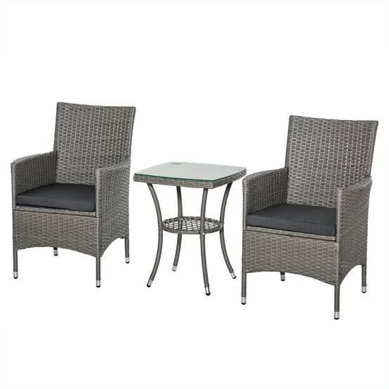 Ensemble jardin 3 pcs rotin PE et acier, 2 chaises coussins lavables, table verre, gris - Image 2