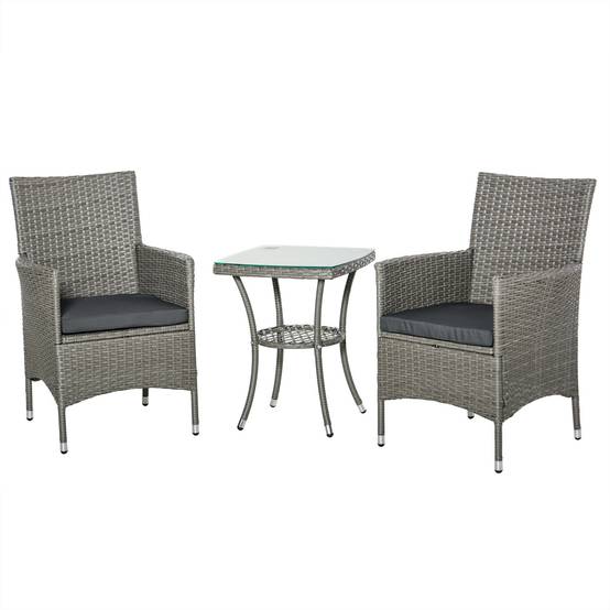 Ensemble jardin 3 pcs rotin PE et acier, 2 chaises coussins lavables, table verre, gris - Image 1
