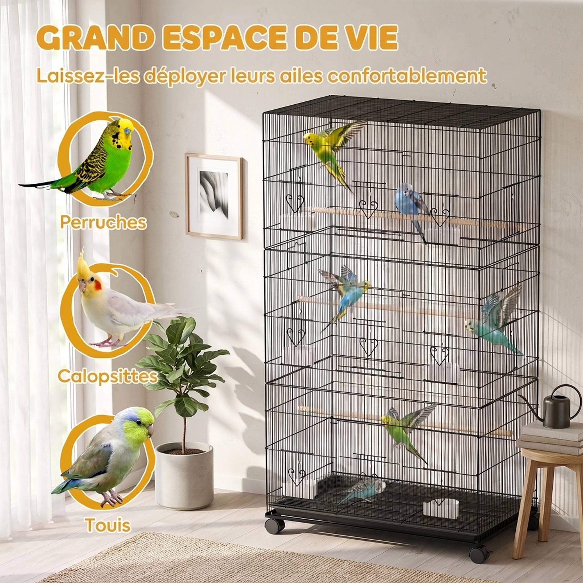 Grande cage à oiseaux sur roulettes en acier, plateau amovible, portes, perchoirs, mangeoires, 77x46,5x141cm, noir - Image 6