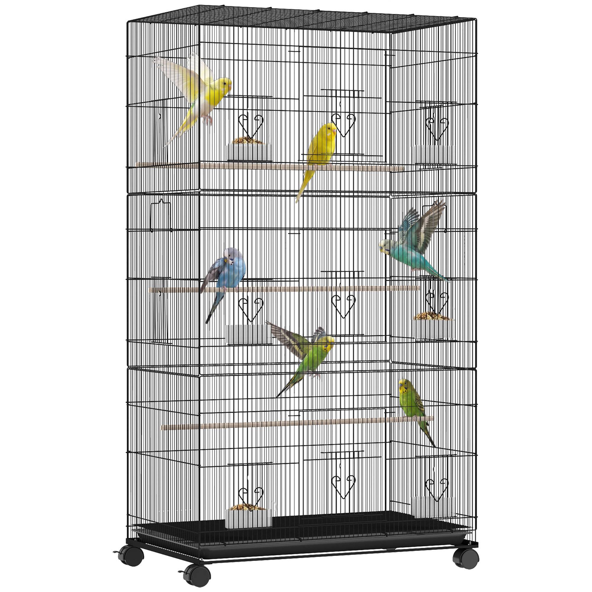 Grande cage à oiseaux sur roulettes en acier, plateau amovible, portes, perchoirs, mangeoires, 77x46,5x141cm, noir - Image 1