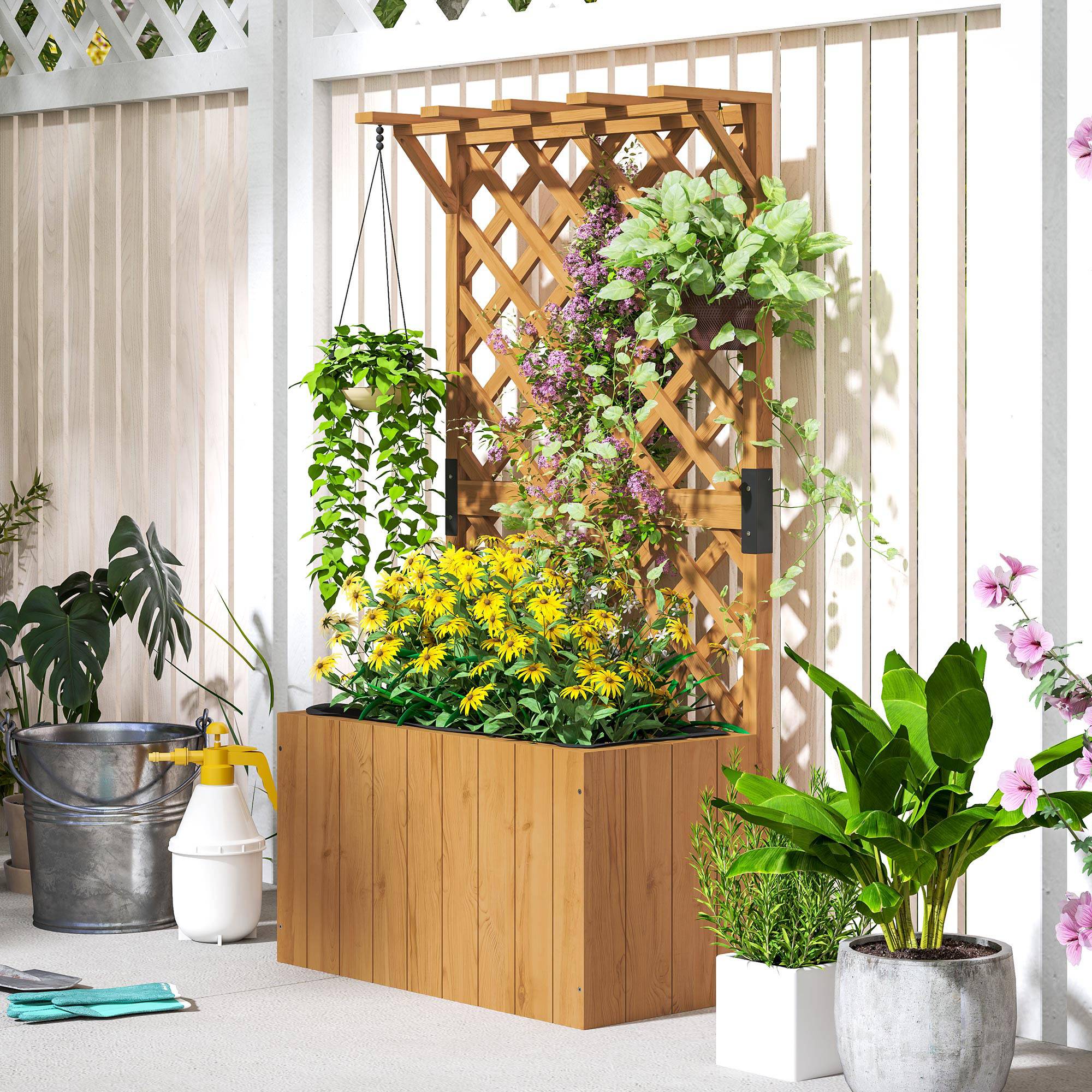 Jardinière avec treillis, bac à fleurs en bois massif avec trous de drainage et doublure, 64 x 33 x 122 cm, bois naturel - Image 9