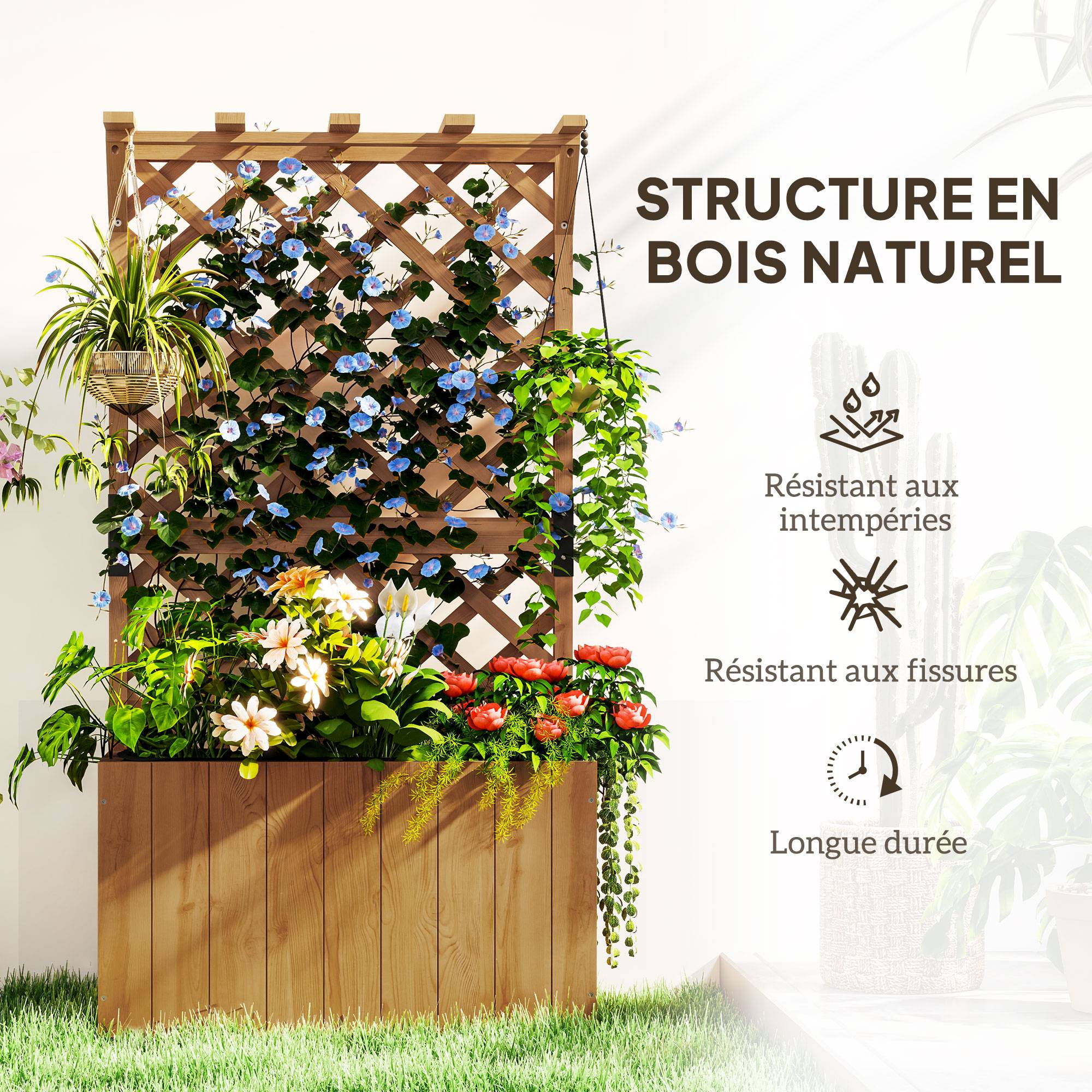 Jardinière avec treillis, bac à fleurs en bois massif avec trous de drainage et doublure, 64 x 33 x 122 cm, bois naturel - Image 8