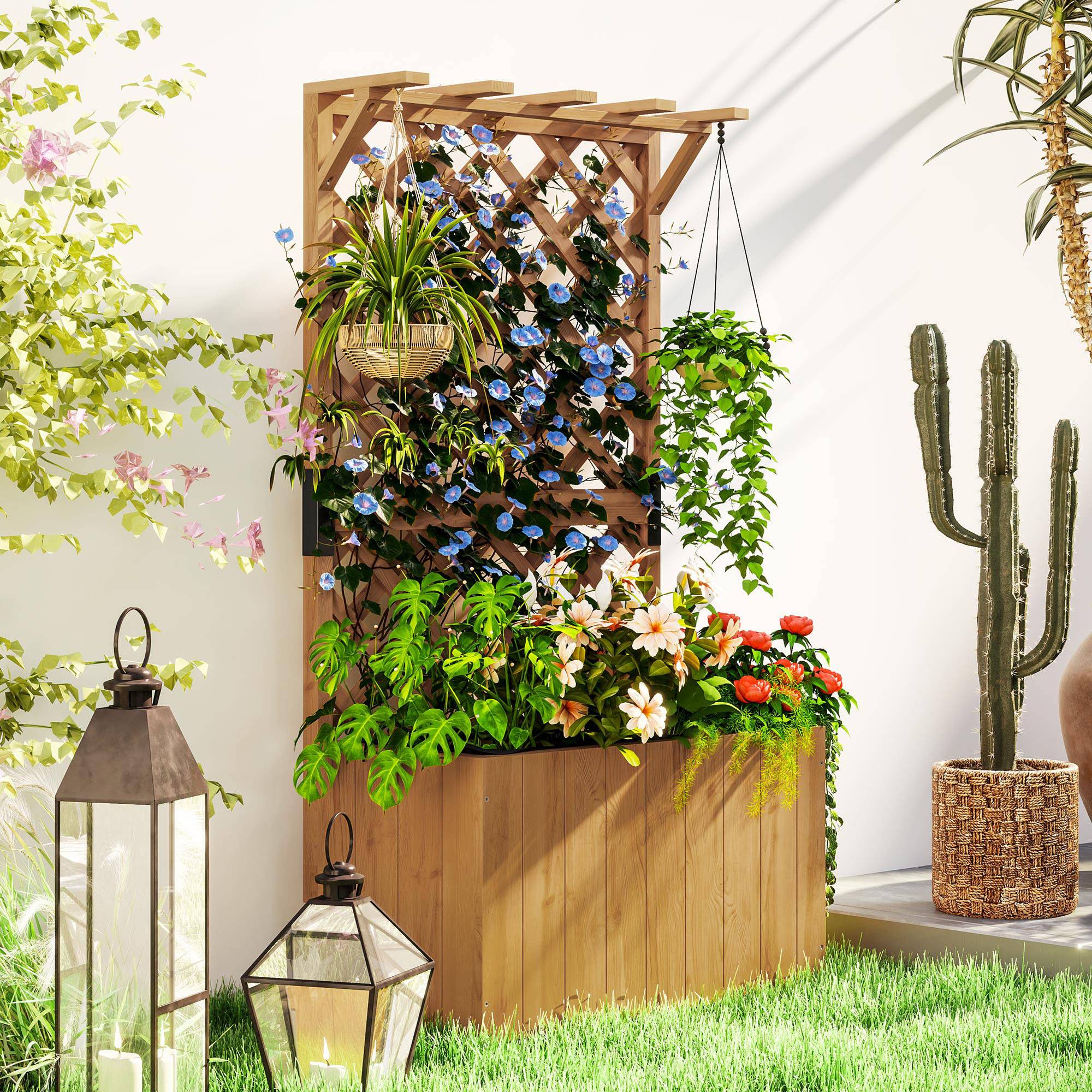 Jardinière avec treillis, bac à fleurs en bois massif avec trous de drainage et doublure, 64 x 33 x 122 cm, bois naturel - Image 3