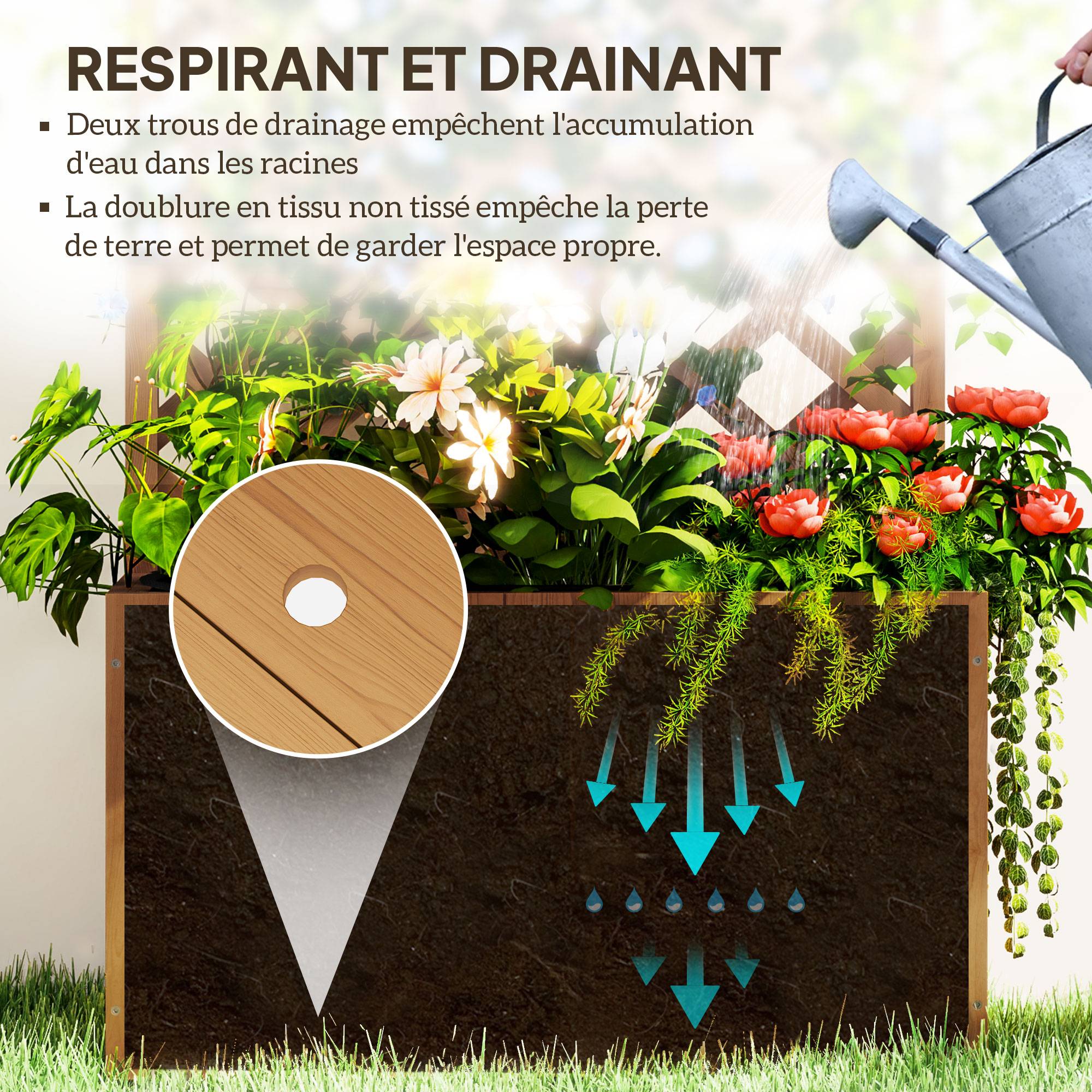 Jardinière avec treillis, bac à fleurs en bois massif avec trous de drainage et doublure, 64 x 33 x 122 cm, bois naturel - Image 7
