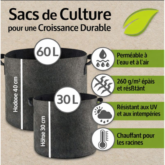 Sac de plantations lot de 6 en tissu non tissé Sac à plantes 30L et 60L réutilisable - Image 2