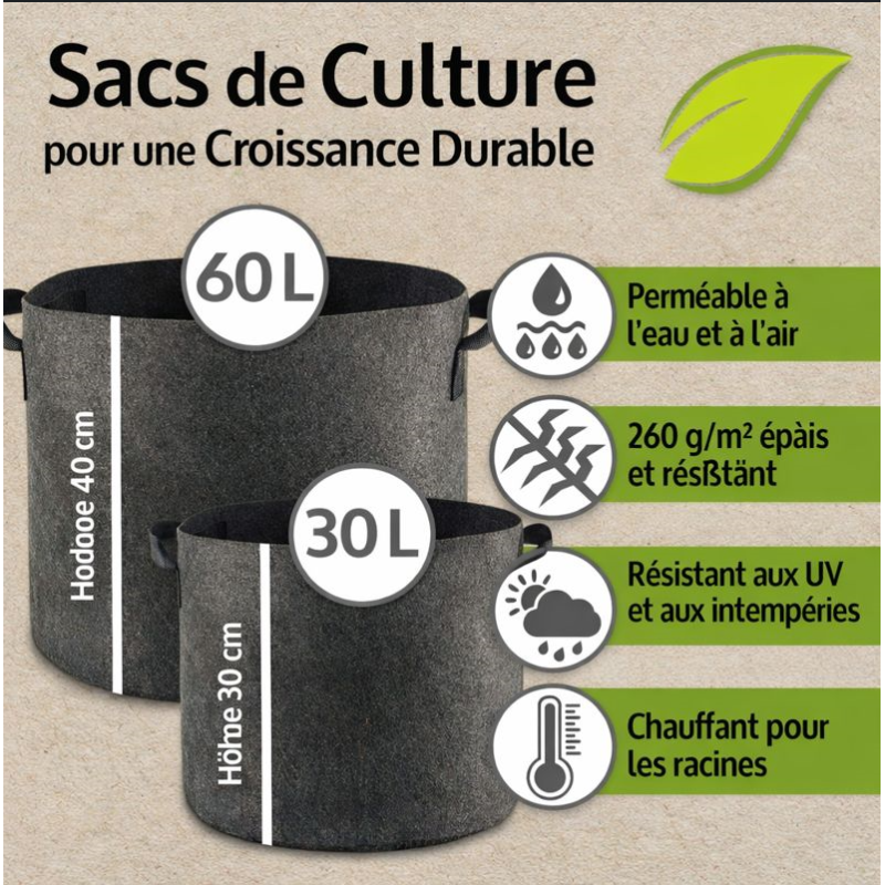 Sac de plantations lot de 6 en tissu non tissé Sac à plantes 30L et 60L réutilisable - Image 2