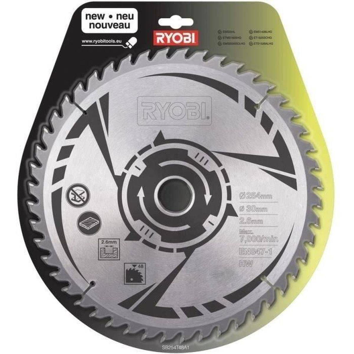 Lame de scie circulaire carbure 254 mm, 48 dents, alésage 30 mm - RYOBI - Image 1
