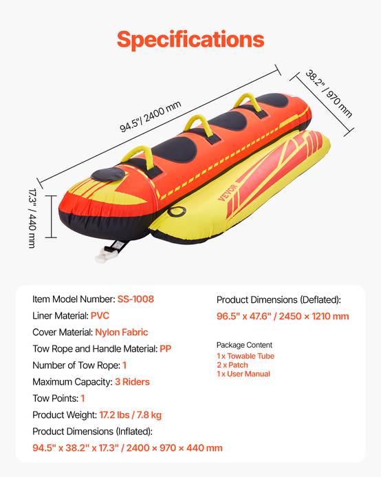 Vevor - VEVOR Bouée tractée gonflable Hot Dog, 1-3 passagers. Capacité 231kg, housse nylon, poignées rembourrées. - Image 7