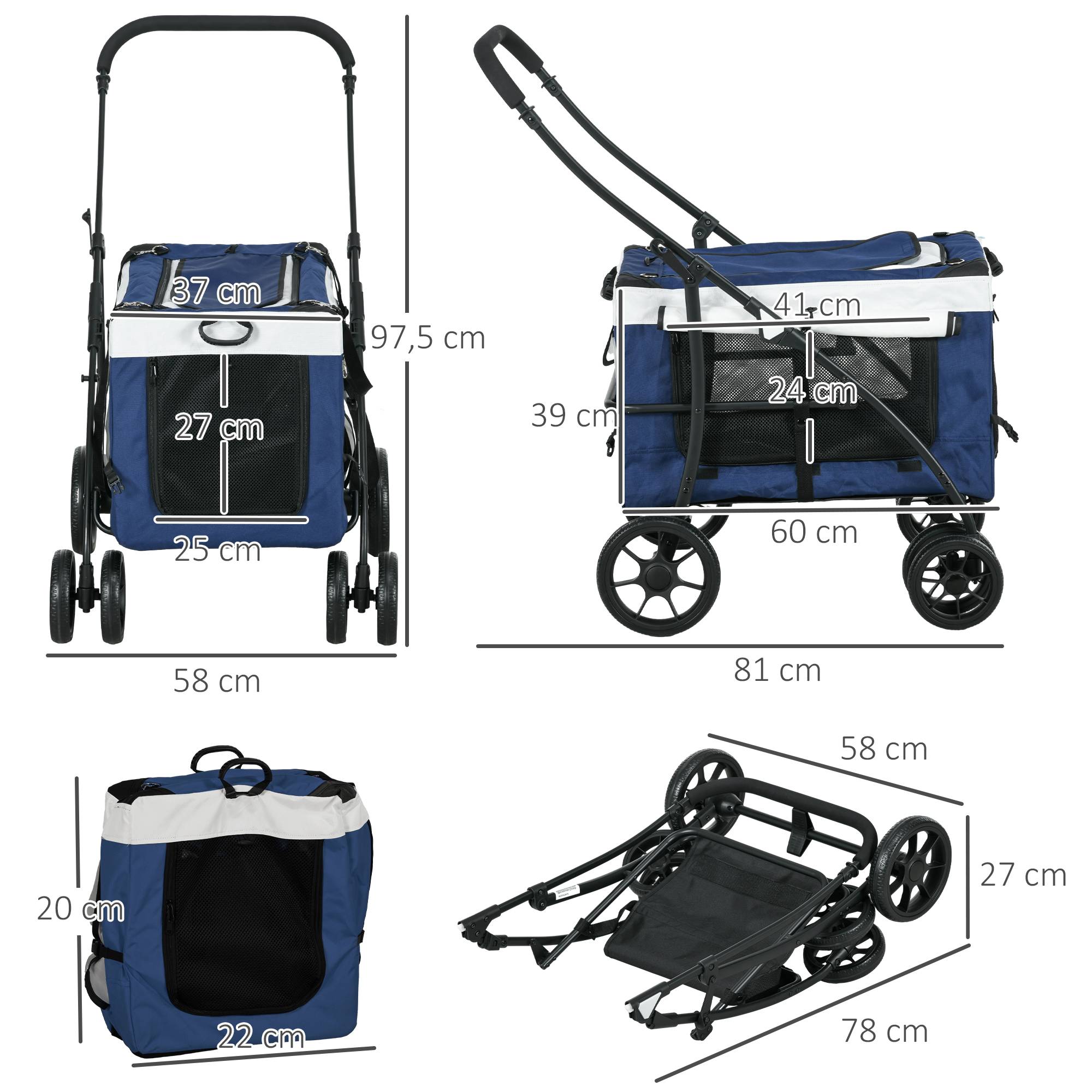 Poussette pour animaux, polyester, bleu, 81 x 58 x 97.5 cm - PANGIVO - Image 3