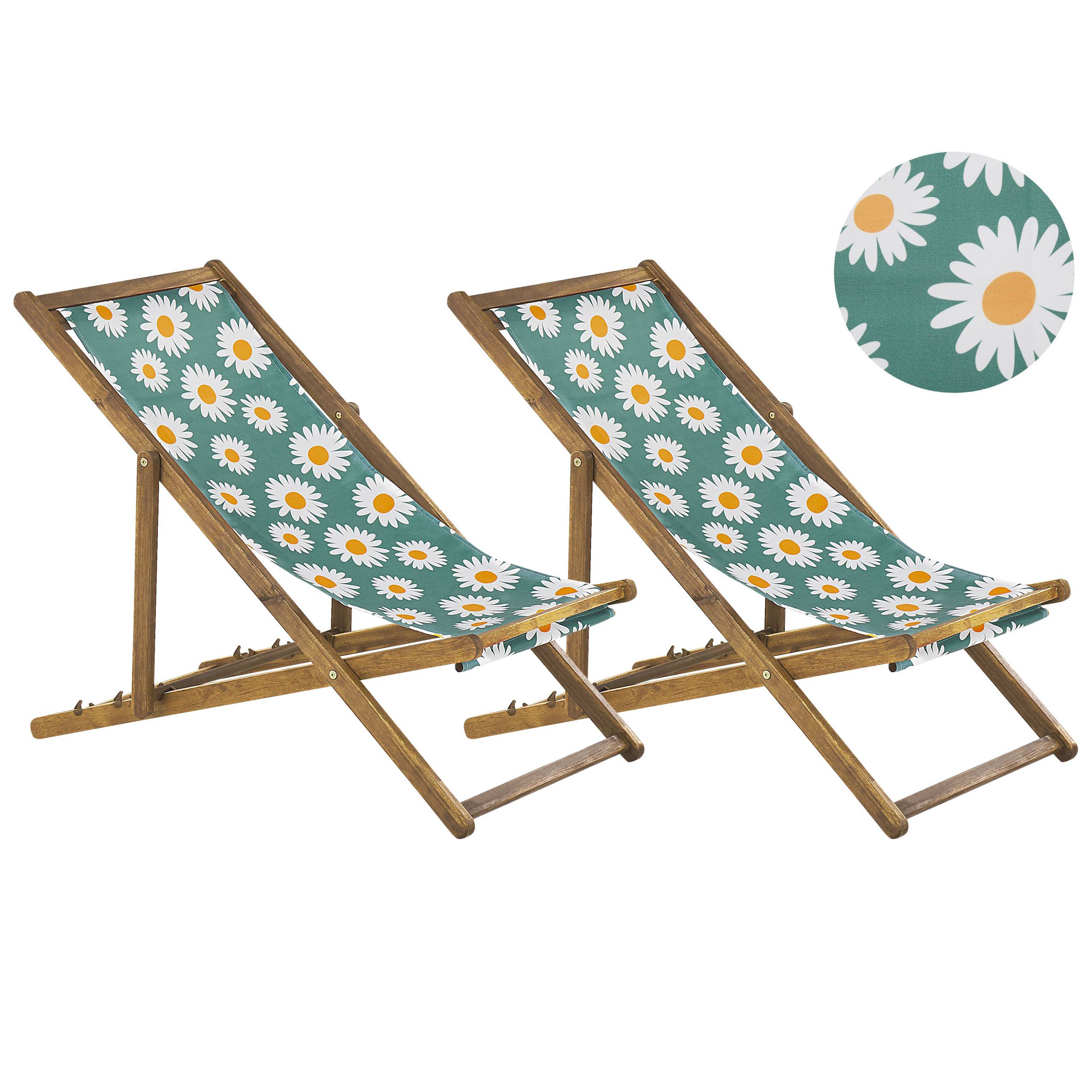 Beliani - 2 Transats Chiliennes Pliantes et Réglables en Bois d'Acacia Clair et Textile Motif Paquerettes avec Toiles de Remplacement - Image 1
