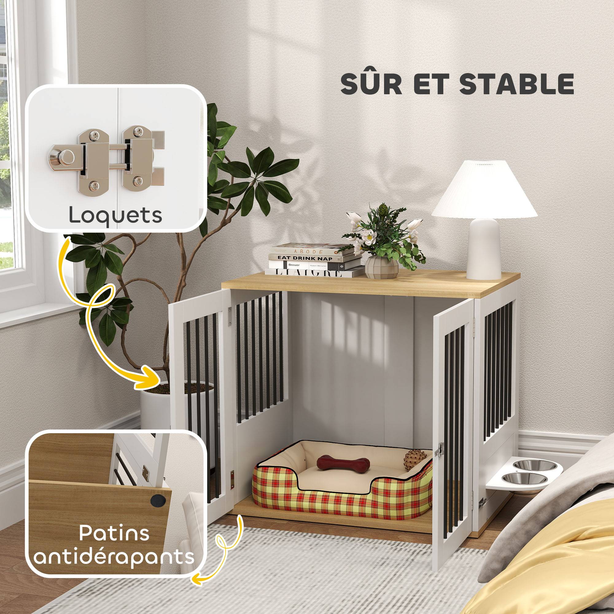 Cage pour chiens, table d'appoint, gamelles amovibles rotatives à 360° 2 portes pour chien moyenne 80x55x71,5cm blanc - Image 8