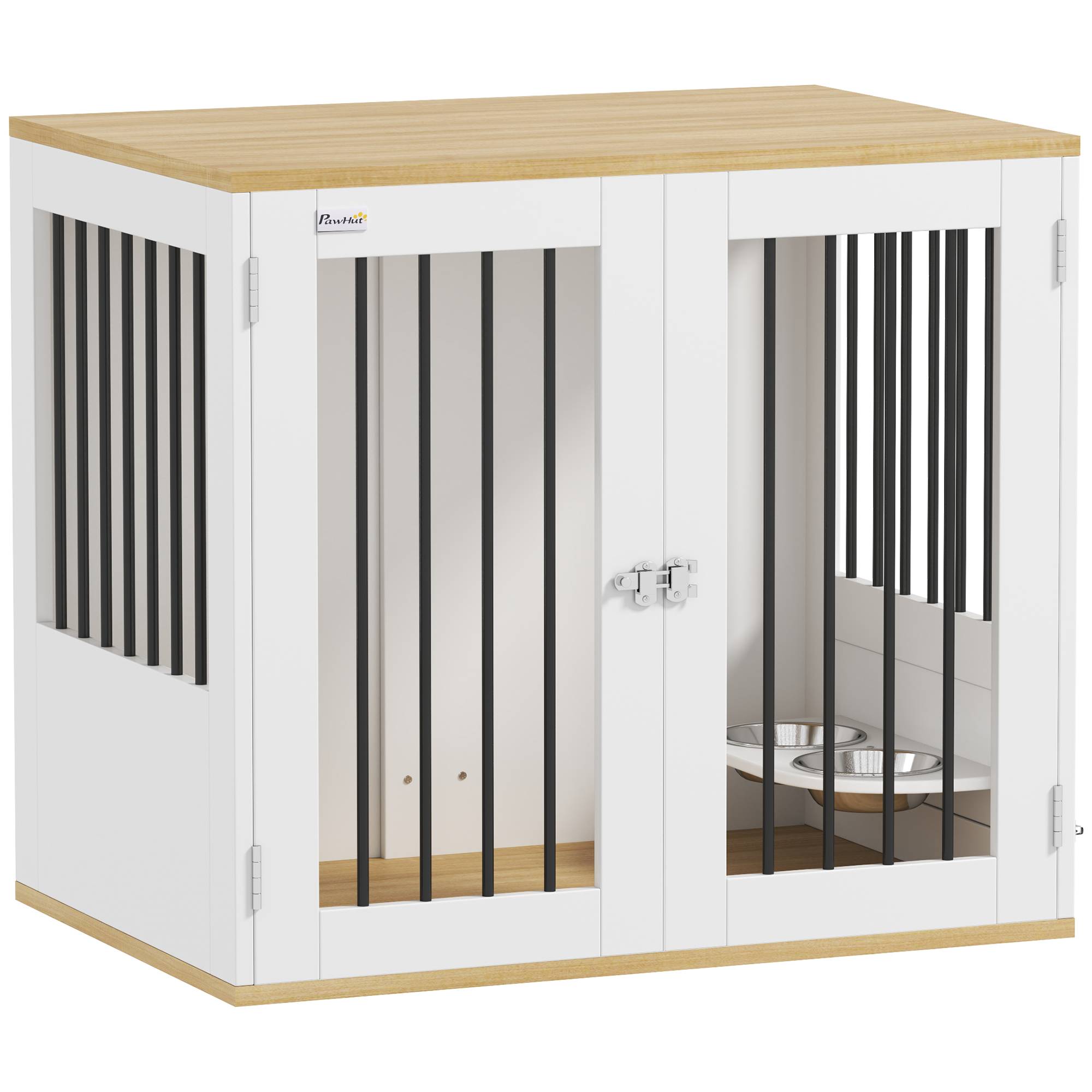 Cage pour chiens, table d'appoint, gamelles amovibles rotatives à 360° 2 portes pour chien moyenne 80x55x71,5cm blanc - Image 2