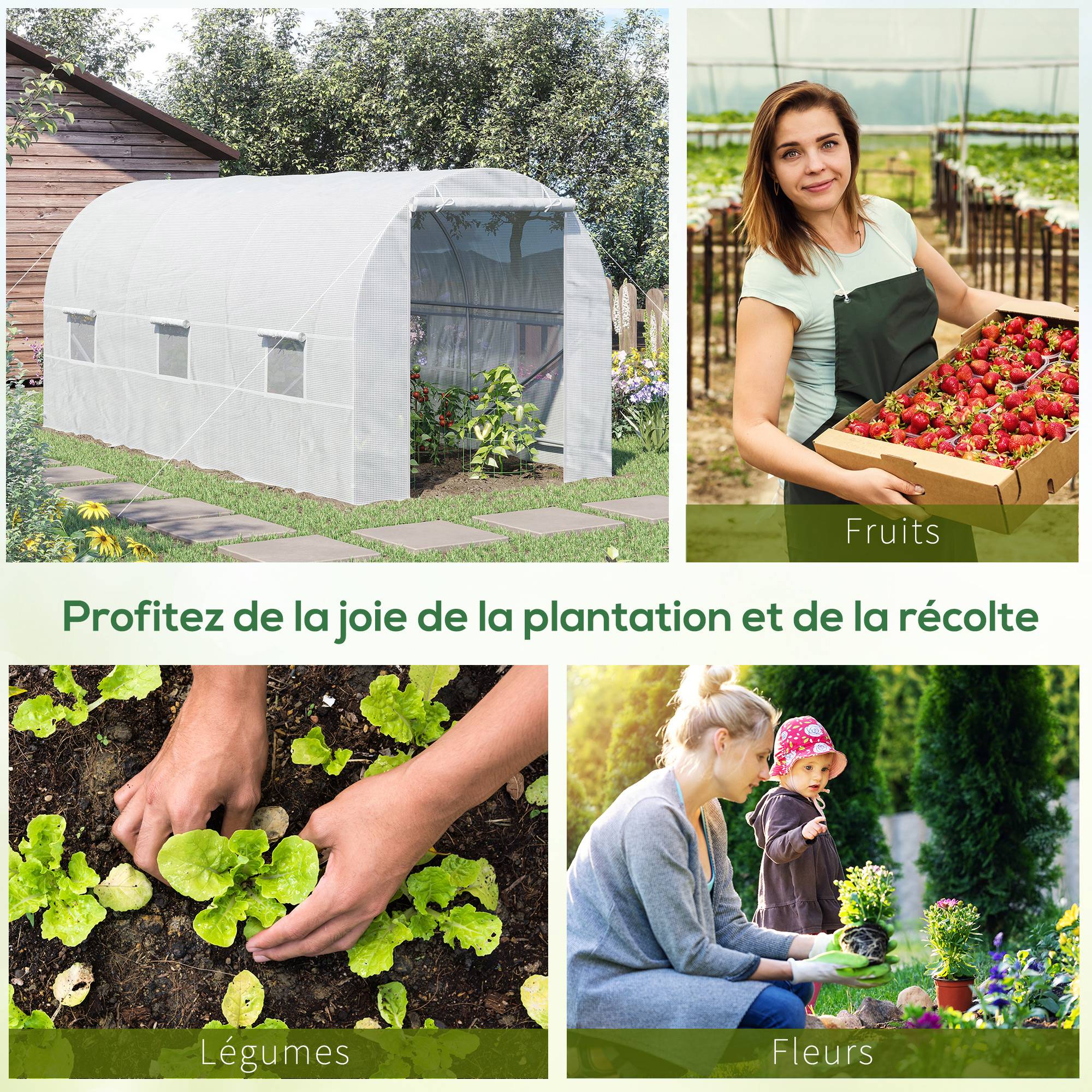 Serre tunnel de jardin 9m², serre de jardin tunnel avec porte et 6 fenêtres, bâche PE 140 g/m² 445 x 200 x 200 cm blanc - Image 8