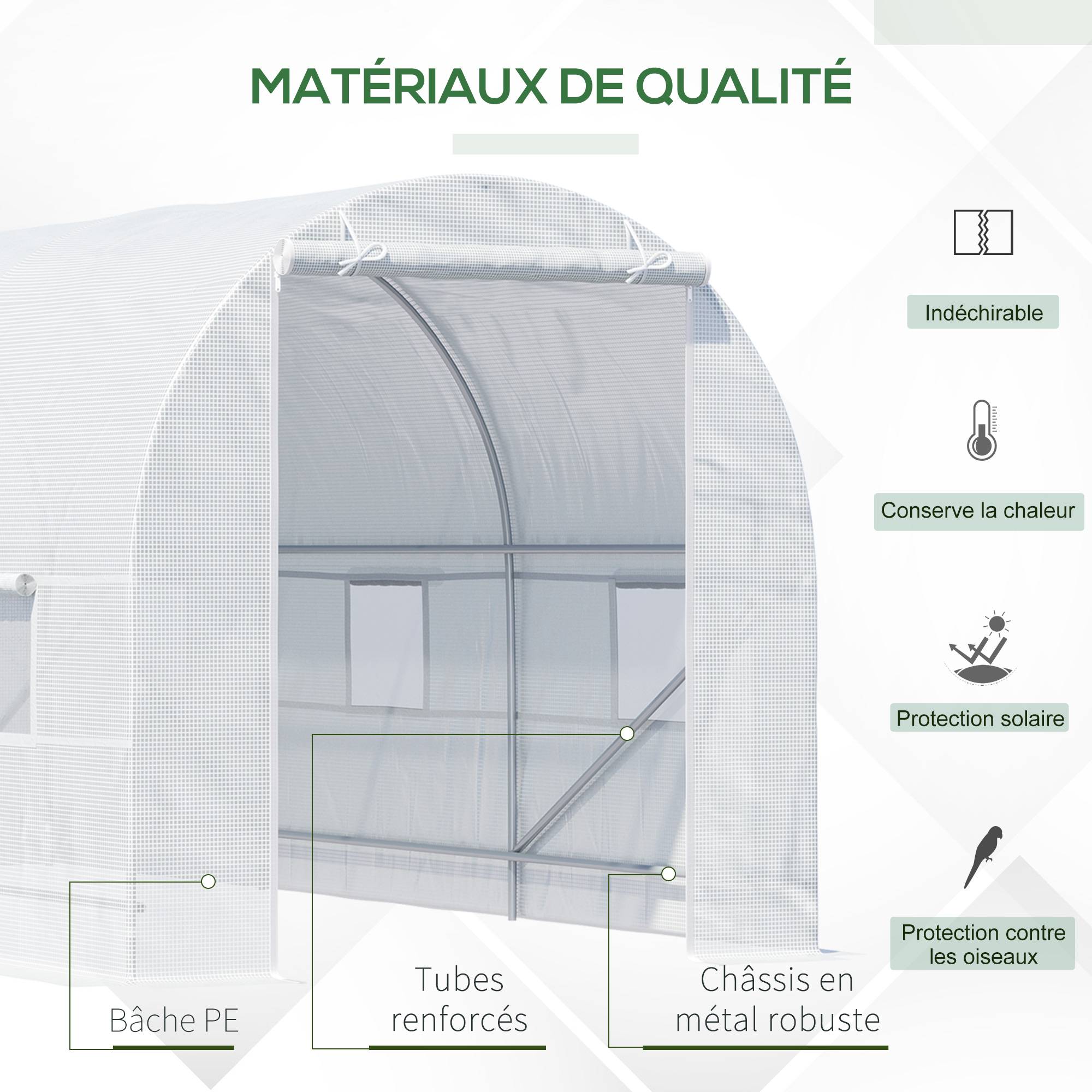 Serre tunnel de jardin 9m², serre de jardin tunnel avec porte et 6 fenêtres, bâche PE 140 g/m² 445 x 200 x 200 cm blanc - Image 7