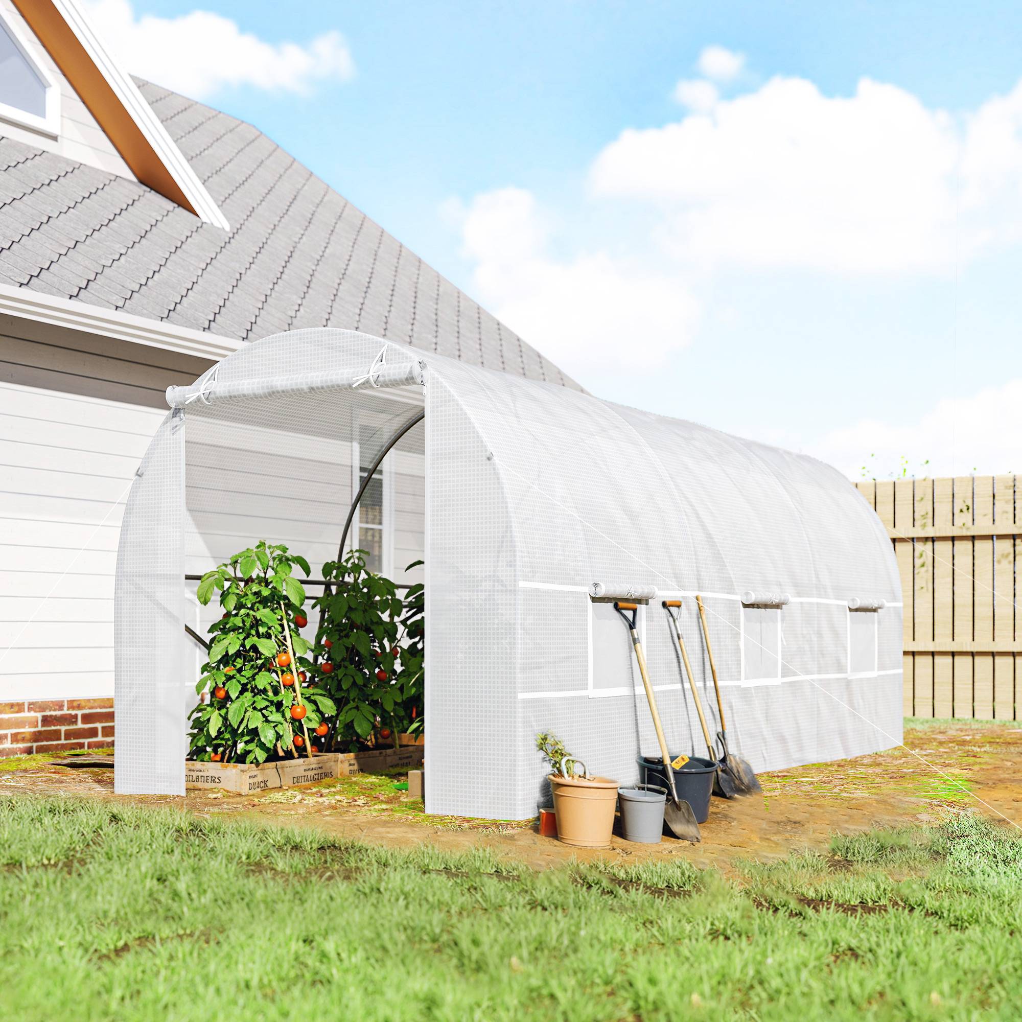 Serre tunnel de jardin 9m², serre de jardin tunnel avec porte et 6 fenêtres, bâche PE 140 g/m² 445 x 200 x 200 cm blanc - Image 3