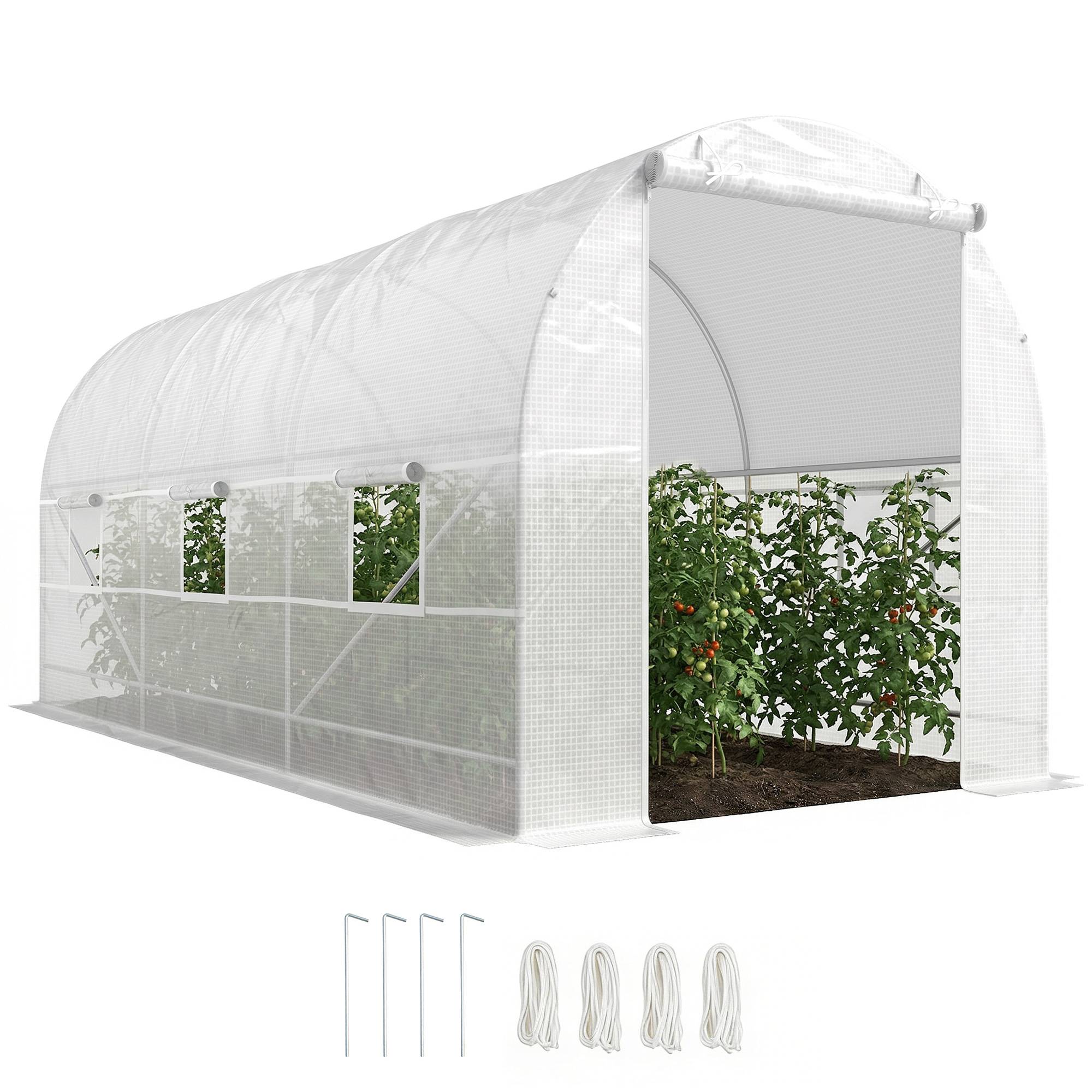 Serre tunnel de jardin 9m², serre de jardin tunnel avec porte et 6 fenêtres, bâche PE 140 g/m² 445 x 200 x 200 cm blanc
