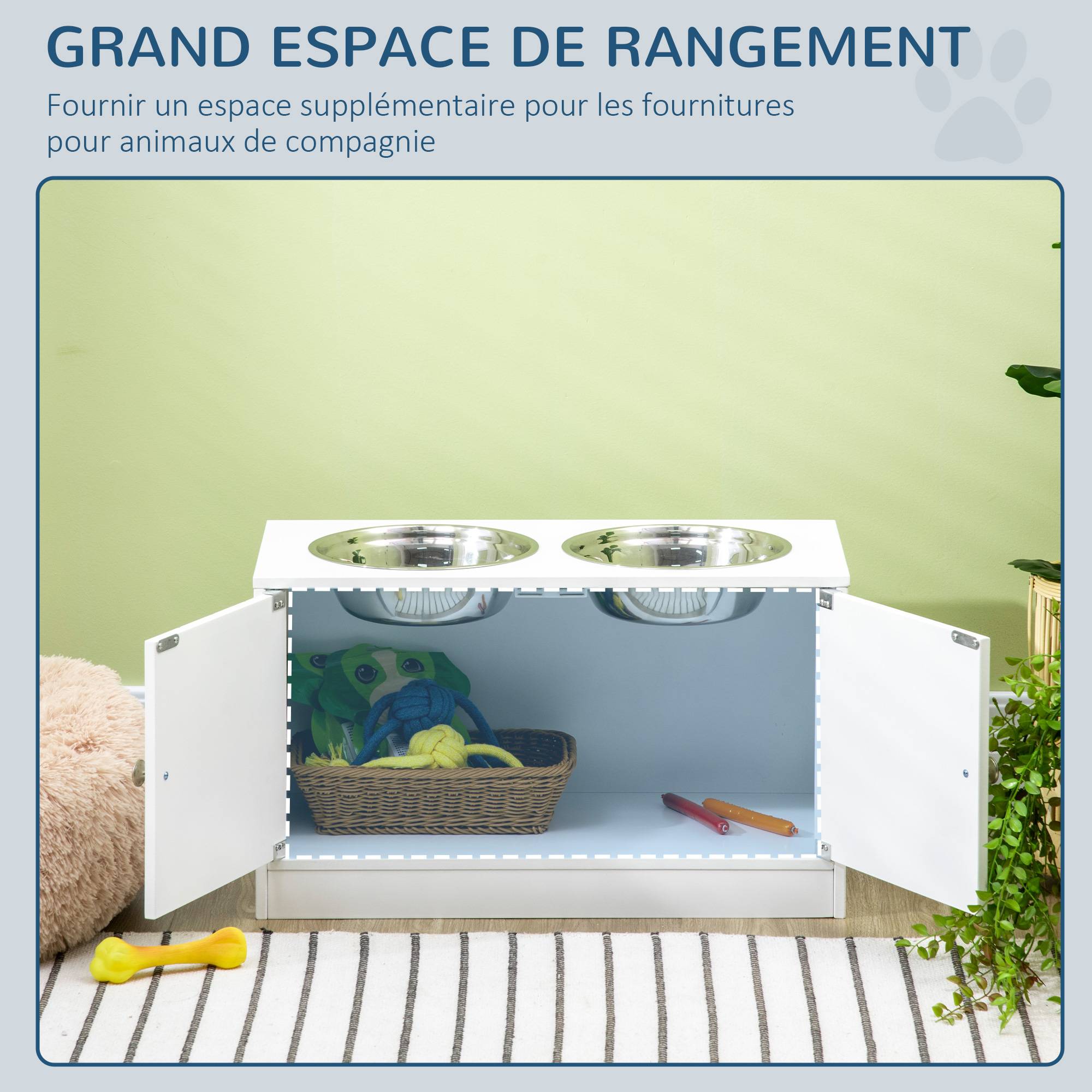 Gamelles chiens surélevées gamelle double chien chat porte-gamelles 60 x 30 x 35,5 cm 2 gamelles 2L acier inox incluses bois blanc - Image 7