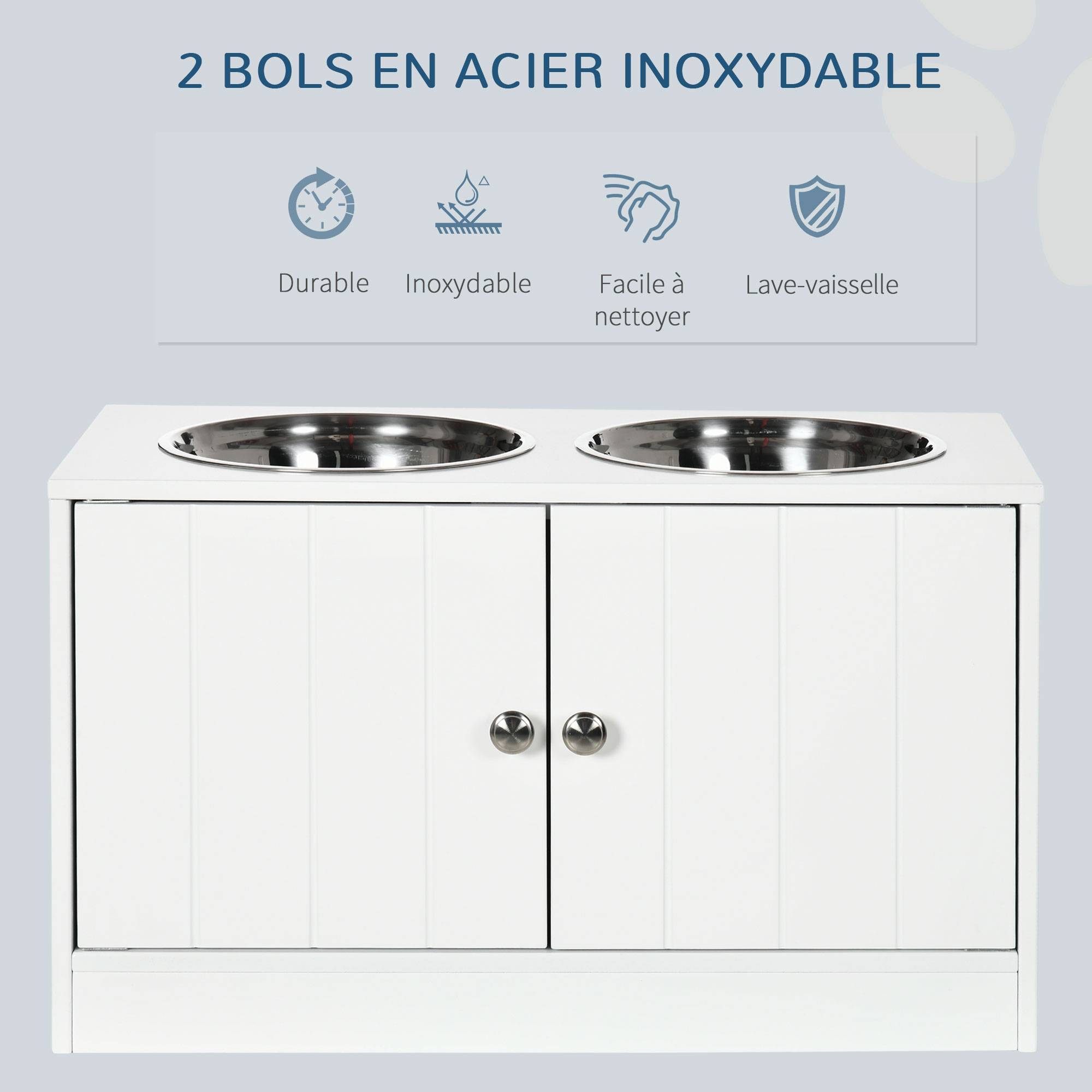 Gamelles chiens surélevées gamelle double chien chat porte-gamelles 60 x 30 x 35,5 cm 2 gamelles 2L acier inox incluses bois blanc - Image 6