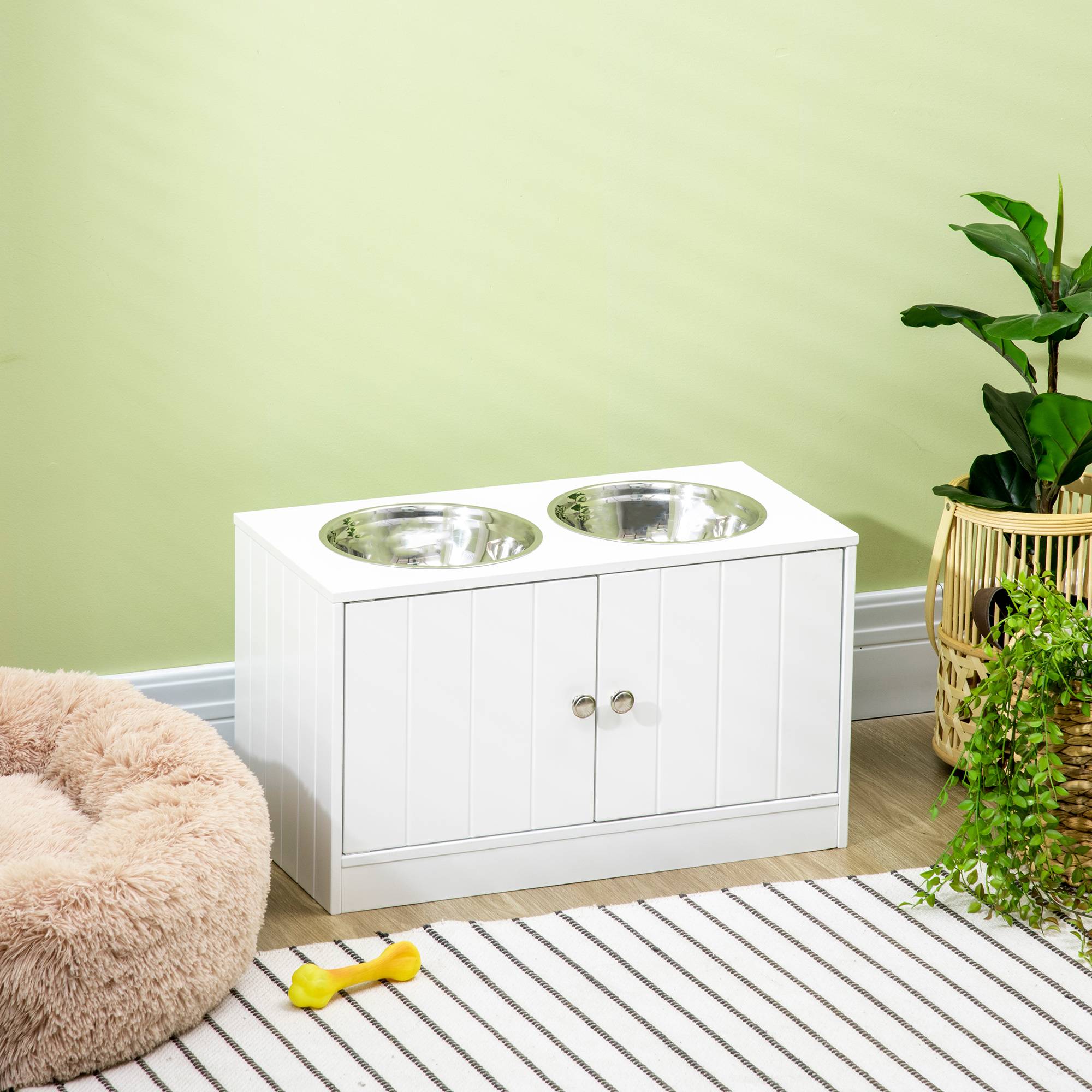 Gamelles chiens surélevées gamelle double chien chat porte-gamelles 60 x 30 x 35,5 cm 2 gamelles 2L acier inox incluses bois blanc - Image 4