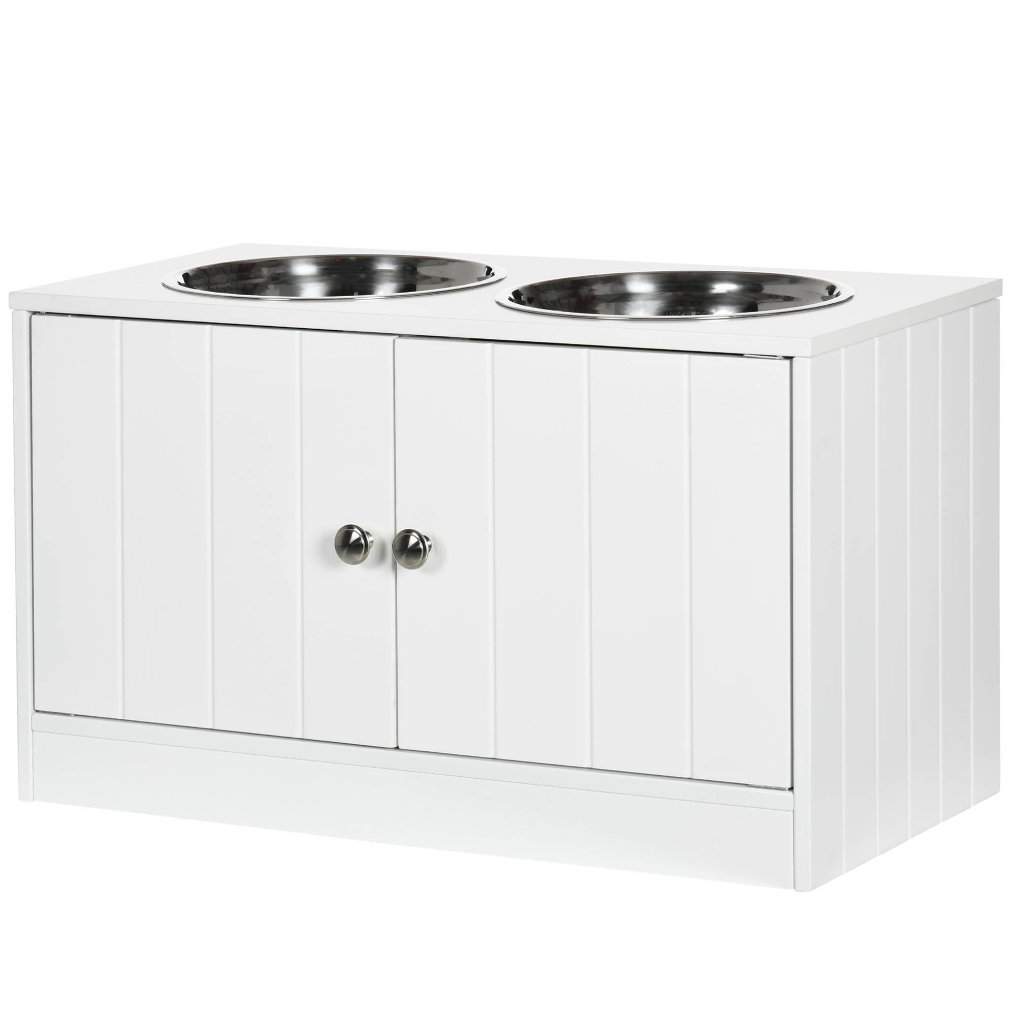Gamelles chiens surélevées gamelle double chien chat porte-gamelles 60 x 30 x 35,5 cm 2 gamelles 2L acier inox incluses bois blanc - Image 2
