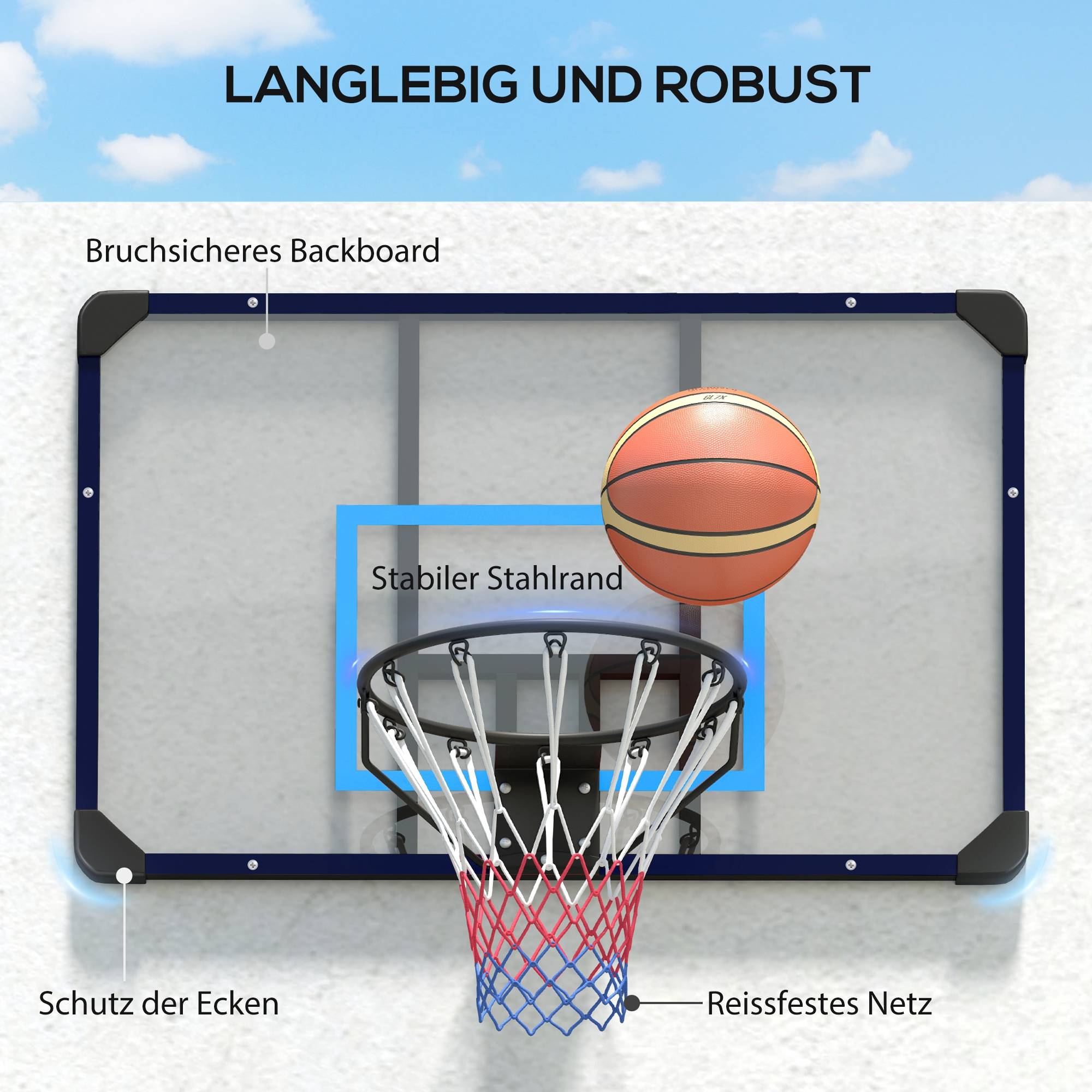 ComfortXL - Panier de basket mural acier noir 113 x 61 x 73 cm intérieur extérieur panneau renforcé filet résistant - Image 4