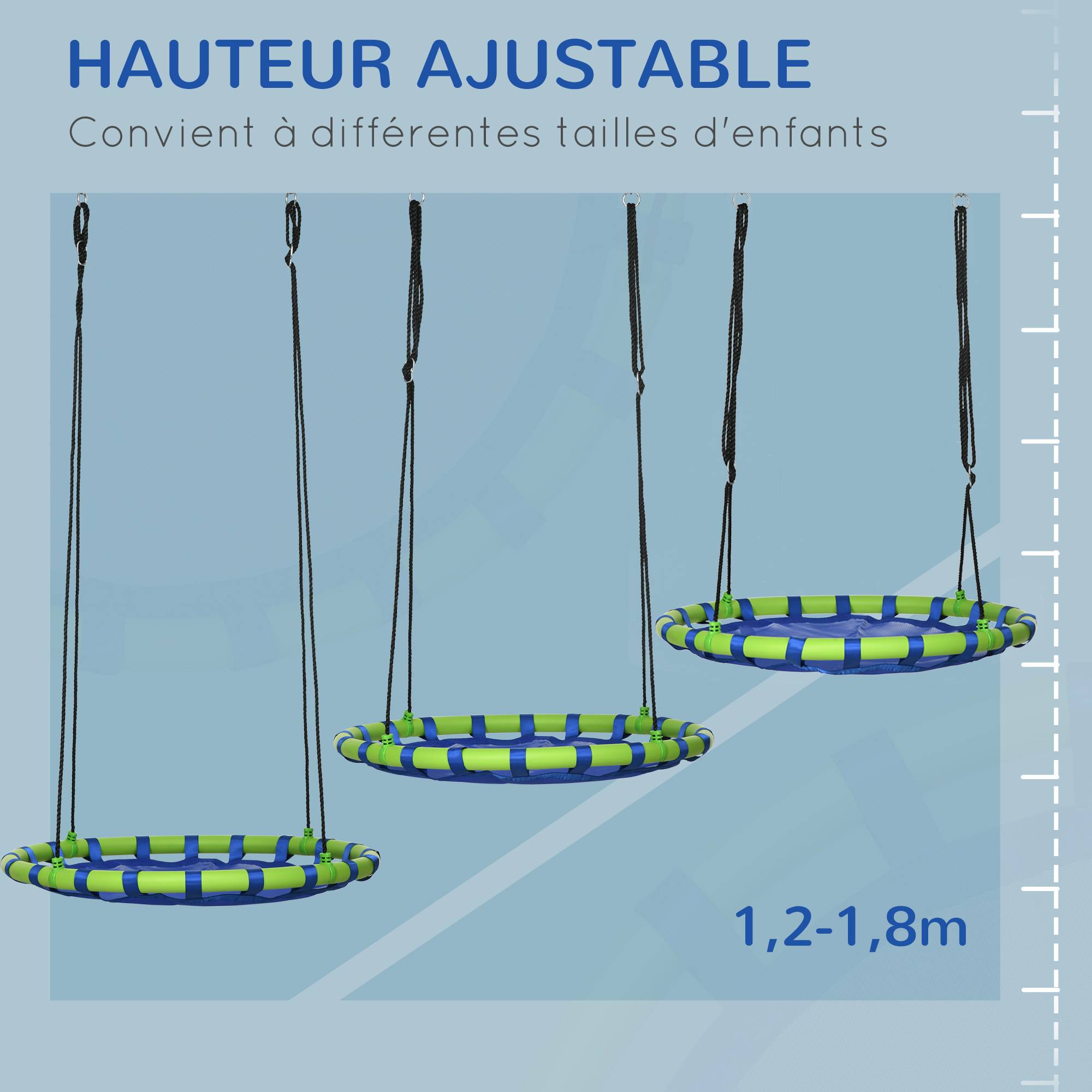 Balançoire nid d'oiseau ronde hauteur réglable à suspendre enfant adulte jardin capacité de charge 150 kg Ø 100 cm bleu - Image 6