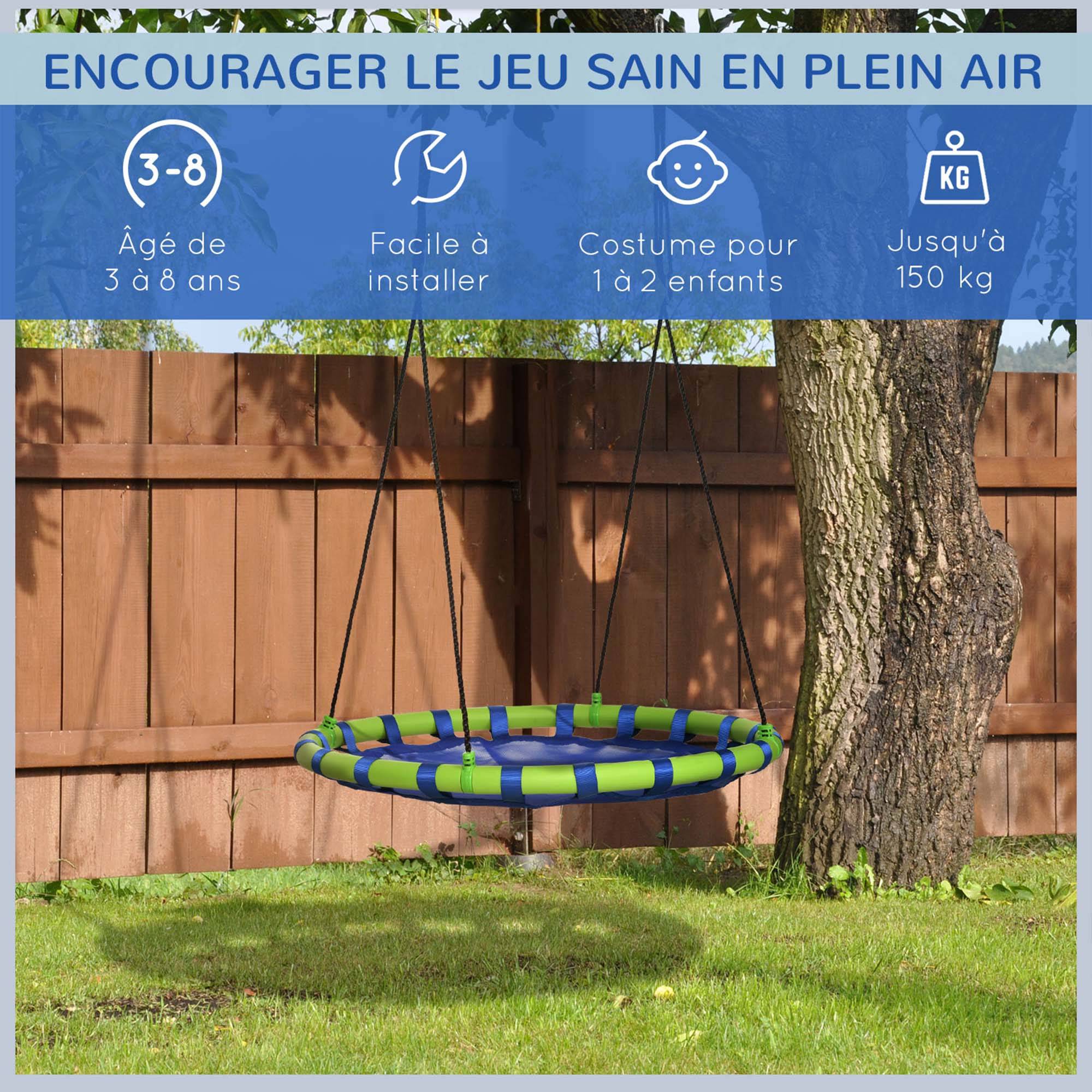 Balançoire nid d'oiseau ronde hauteur réglable à suspendre enfant adulte jardin capacité de charge 150 kg Ø 100 cm bleu - Image 9