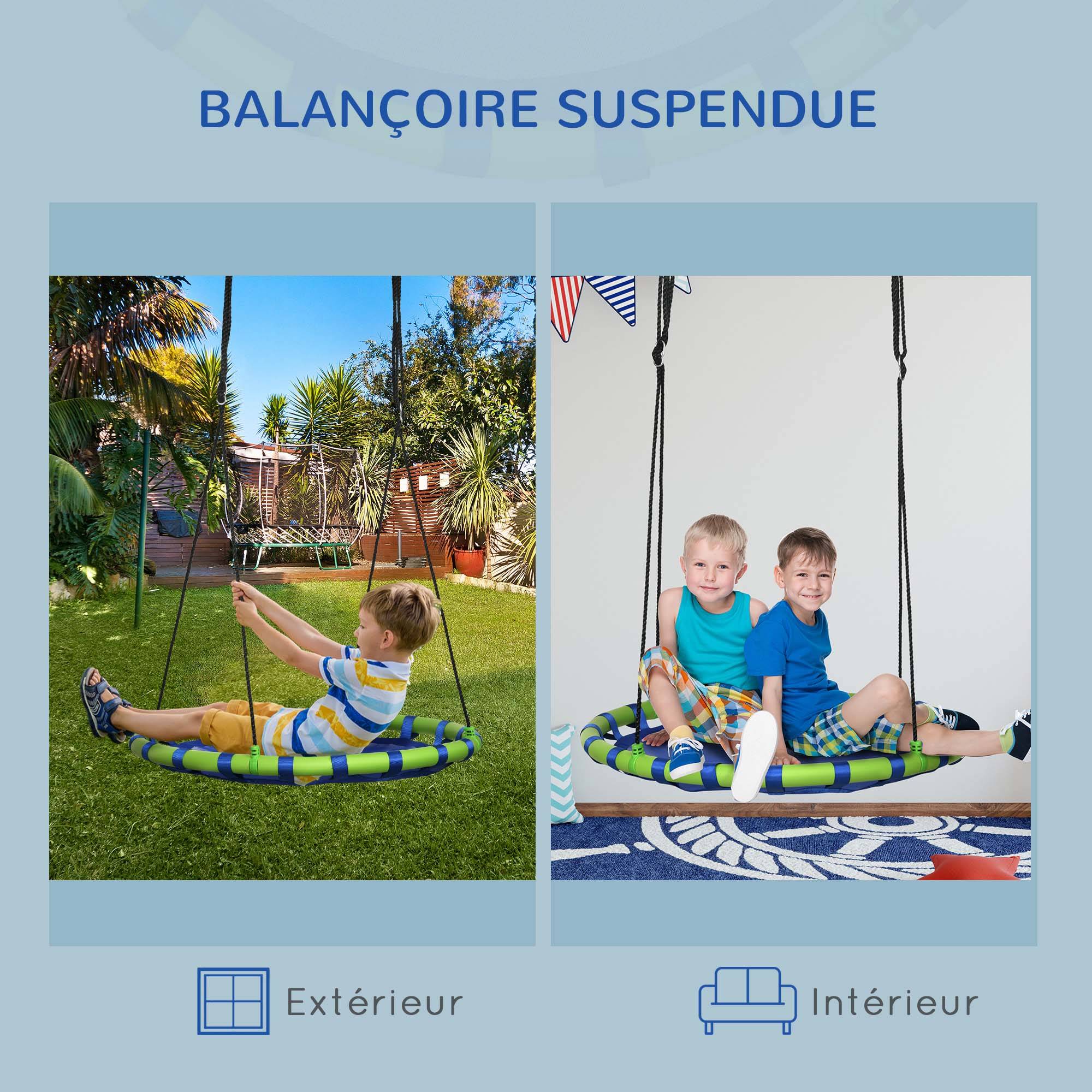 Balançoire nid d'oiseau ronde hauteur réglable à suspendre enfant adulte jardin capacité de charge 150 kg Ø 100 cm bleu - Image 7