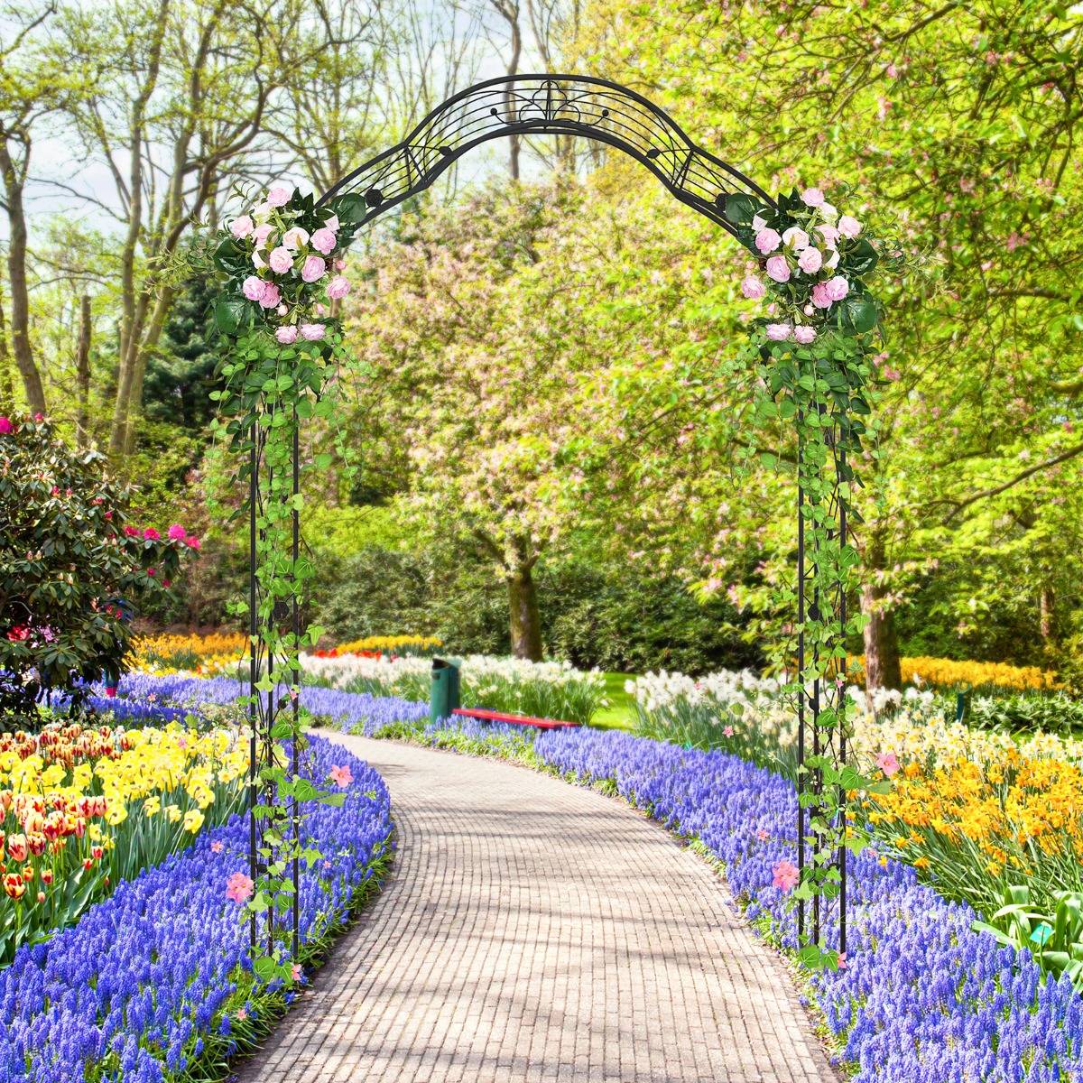 Arche de Jardin Treillis de Jardin en 2 Demi-arcs Extérieur pour Plantes Grimpantes 150x39x250CM Métal Noir - Image 3
