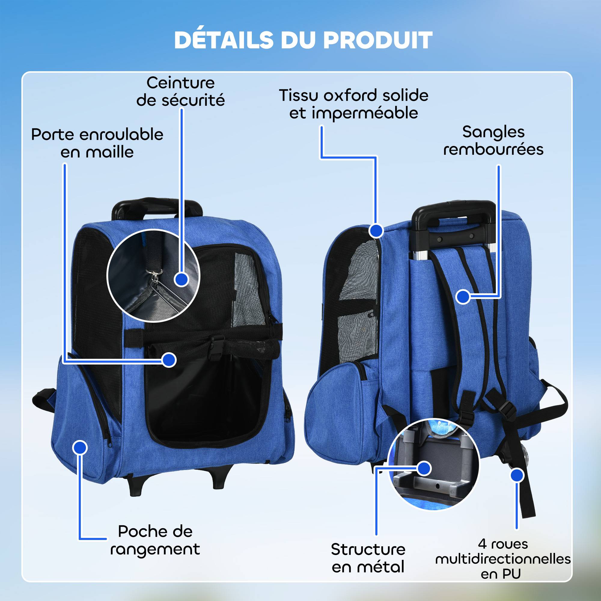 Sac transport à roulettes Tissus voyage trolley aérations multiples 42x25x55cm bleu - ComfortXL Outdoor Living - Image 8