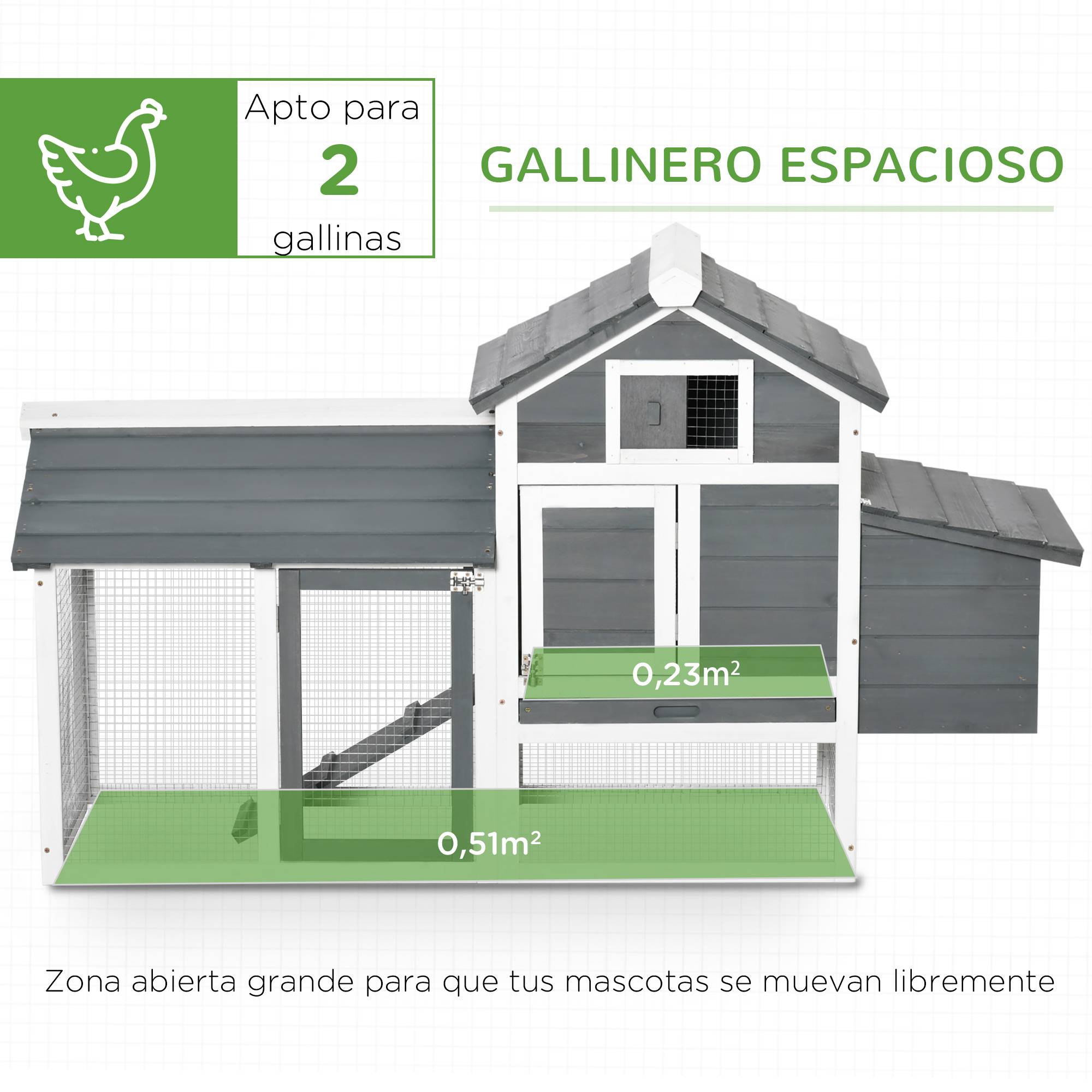 Cage pour poules avec 2 enclos grillagés, Techo Abrible Caja Nido Extraíble Tray and Ramp 150.5x54x87 cm Gris - Image 6