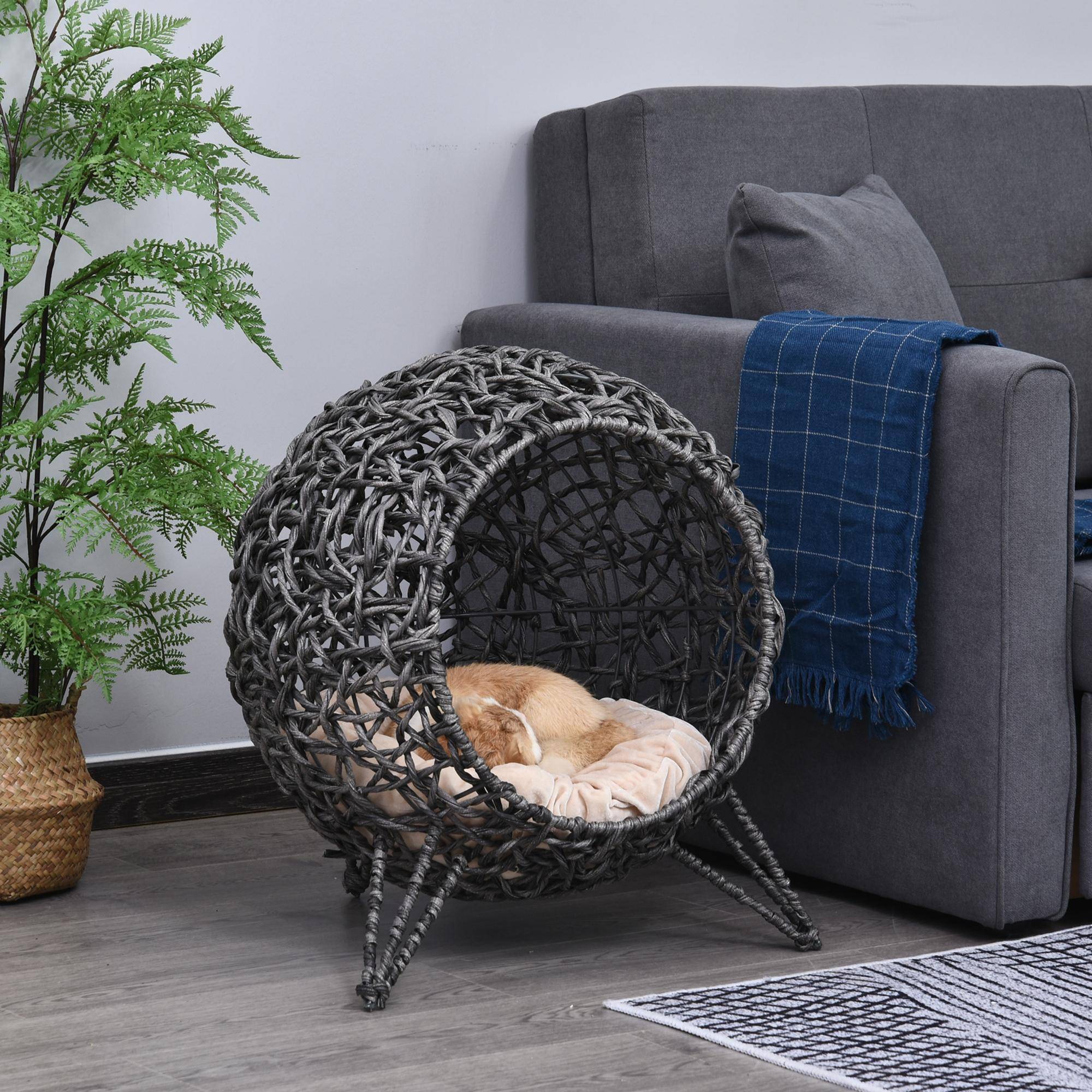 Sans Marque - Maison Rotin avec coussin couchage chat cachette pieds surélevés Gris argent Ø52x58cm - Image 3