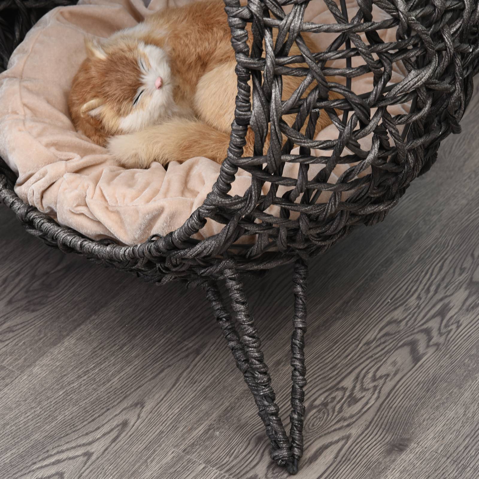 Sans Marque - Maison Rotin avec coussin couchage chat cachette pieds surélevés Gris argent Ø52x58cm - Image 10