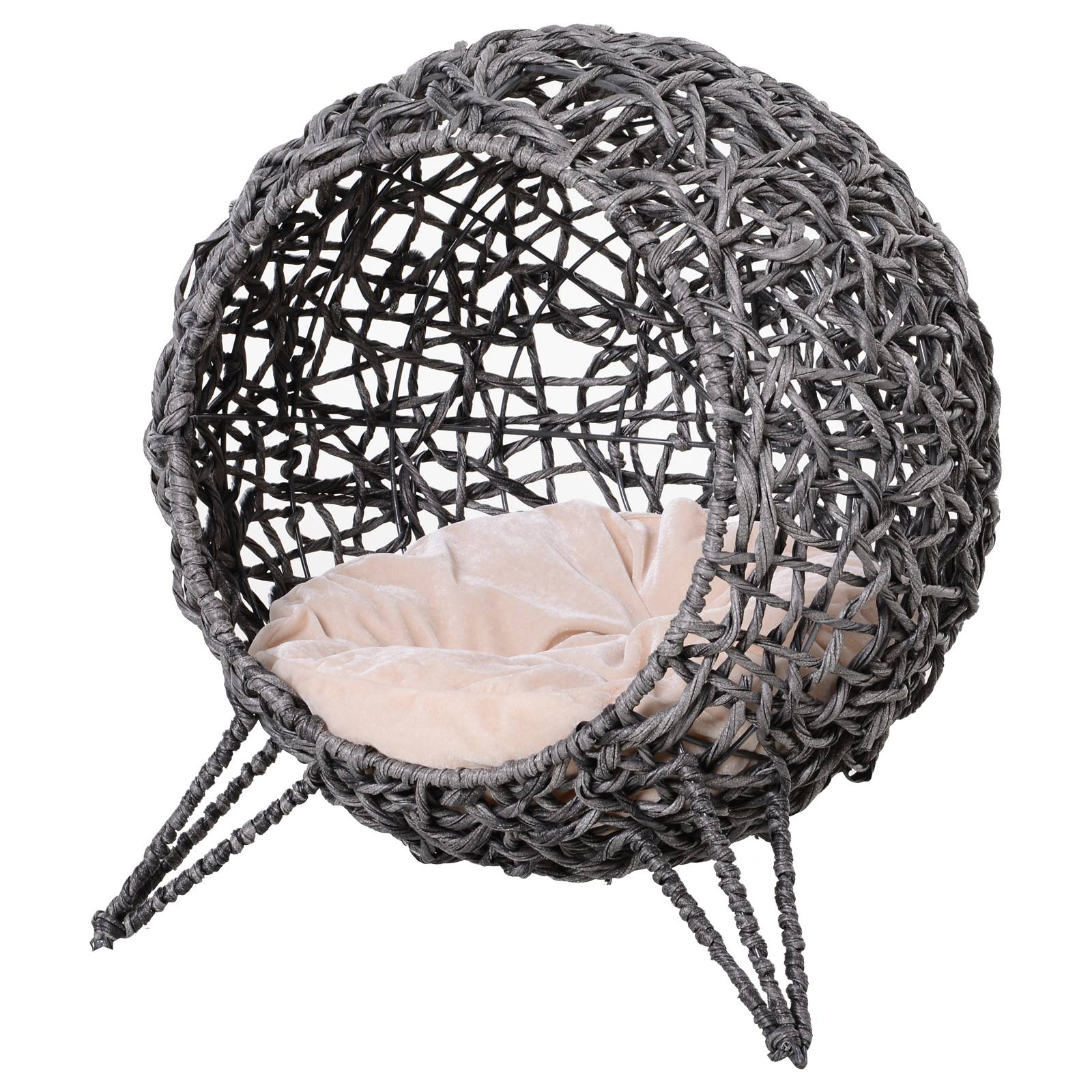 Sans Marque - Maison Rotin avec coussin couchage chat cachette pieds surélevés Gris argent Ø52x58cm - Image 2