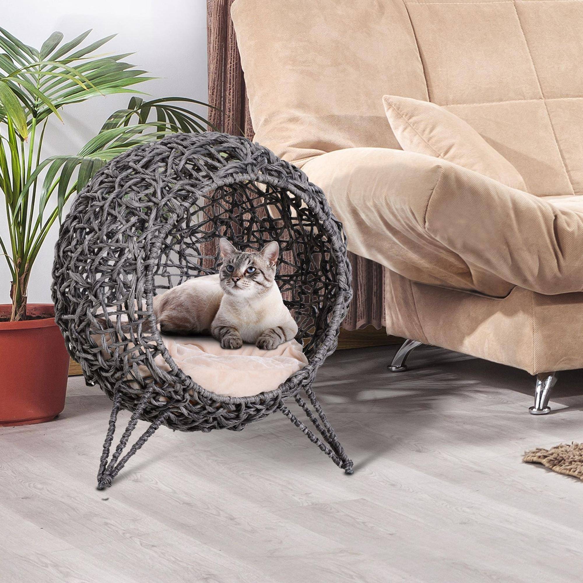 Sans Marque - Maison Rotin avec coussin couchage chat cachette pieds surélevés Gris argent Ø52x58cm - Image 4