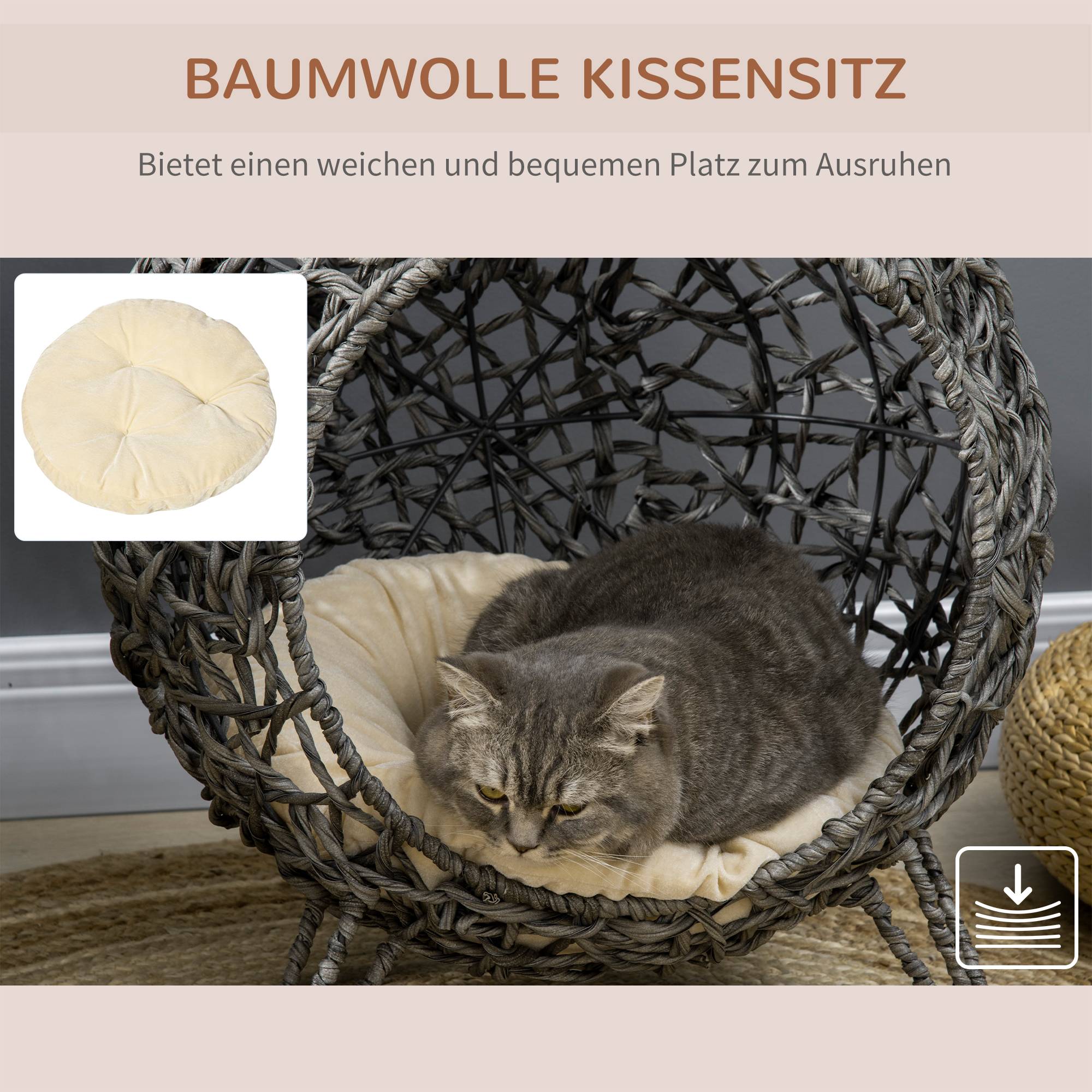 Sans Marque - Maison Rotin avec coussin couchage chat cachette pieds surélevés Gris argent Ø52x58cm - Image 7