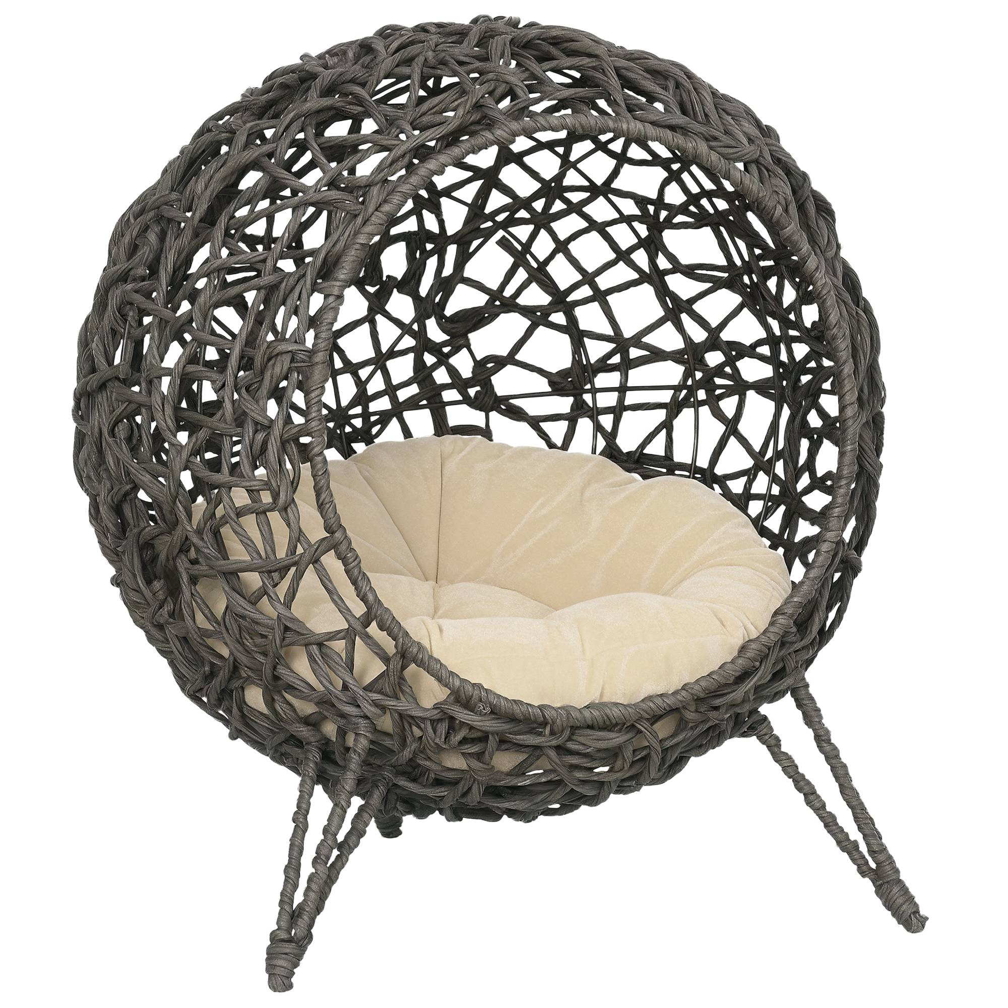 Sans Marque - Maison Rotin avec coussin couchage chat cachette pieds surélevés Gris argent Ø52x58cm - Image 1